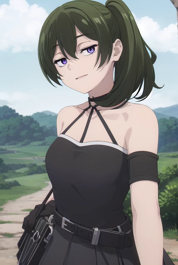 ubel, <lora:ubel-lora-nochekaiser:1>, 
ubel, medium hair, hair between eyes, green hair, side ponytail, (purple eyes:1.1), smile,
BREAK skirt, gloves, dress, bare shoulders, pleated skirt, sleeveless, black gloves, elbow gloves, belt, miniskirt, black skirt, black footwear, (black dress:1.5), thigh strap, sleeveless dress, halterneck, armband, single glove, black belt, pleated dress, arm strap,
BREAK outdoors, forest, nature, sun, sky, clouds, grass, trees, river, rocks,
BREAK looking at viewer, (cowboy shot:1.5),
BREAK <lyco:GoodHands-beta2:1>, (masterpiece:1.2), best quality, high resolution, unity 8k wallpaper, (illustration:0.8), (beautiful detailed eyes:1.6), extremely detailed face, perfect lighting, extremely detailed CG, (perfect hands, perfect anatomy),