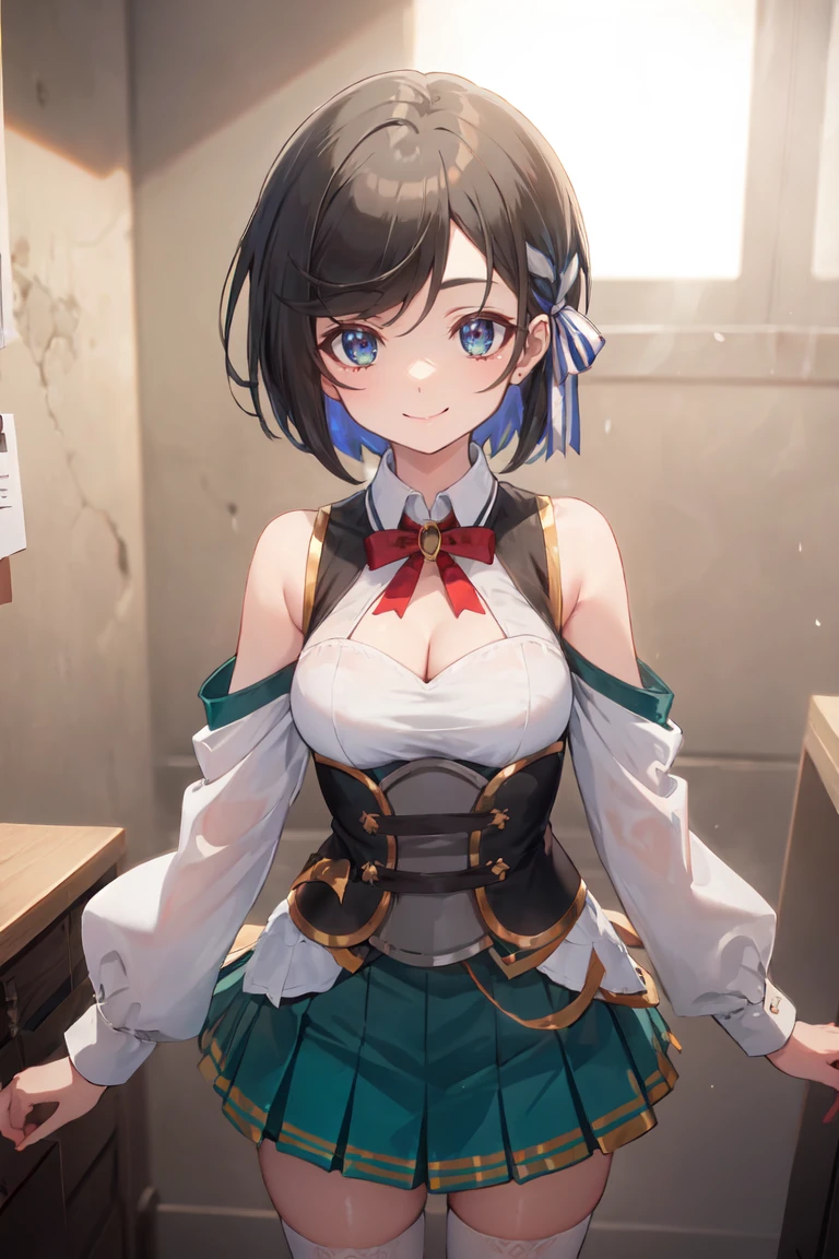 masterpiece, best quality, ultra-detailed, glistening shiny, glowing light, ray tracing, HDR, deph of field, (perfect face, detailed face), <lora:RafinhaBilford:0.8>, rafinha, short hair, small breasts, smile, white hair ribbon, white shirt, corset, green skirt, cleavage cutout, shoulder cutout, long sleeves, red bowtie, white thighhighs, standing