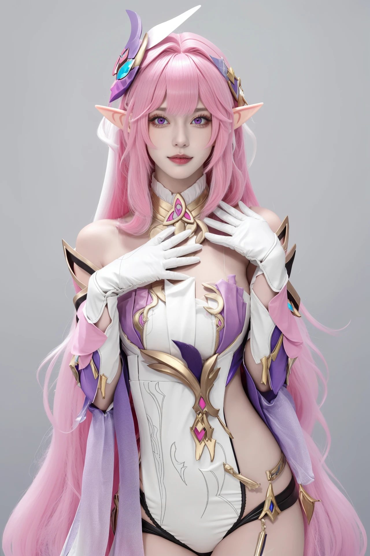 <lora:ç±è:0.75>,elysia cosplay,pink hair,long hair,dress,white dress,bare shoulders,elysia \(honkai impact\),gloves,white gloves,bangs,bar censor,hair ornament,censored,elf,pink eyes,, 1girl,
,  (masterpiece,best quality:1.2),absurdres