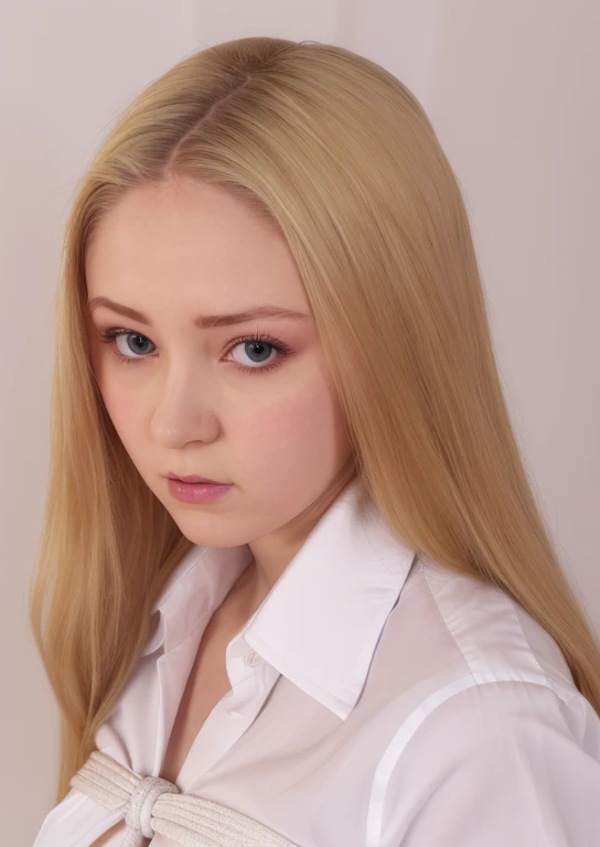 chanta_rose, a portrait photograph of a woman in a white dress shirt, 1girl, solo, looking at viewer, blonde hair, shibari over clothes <lora:chanta_rosev1:1>