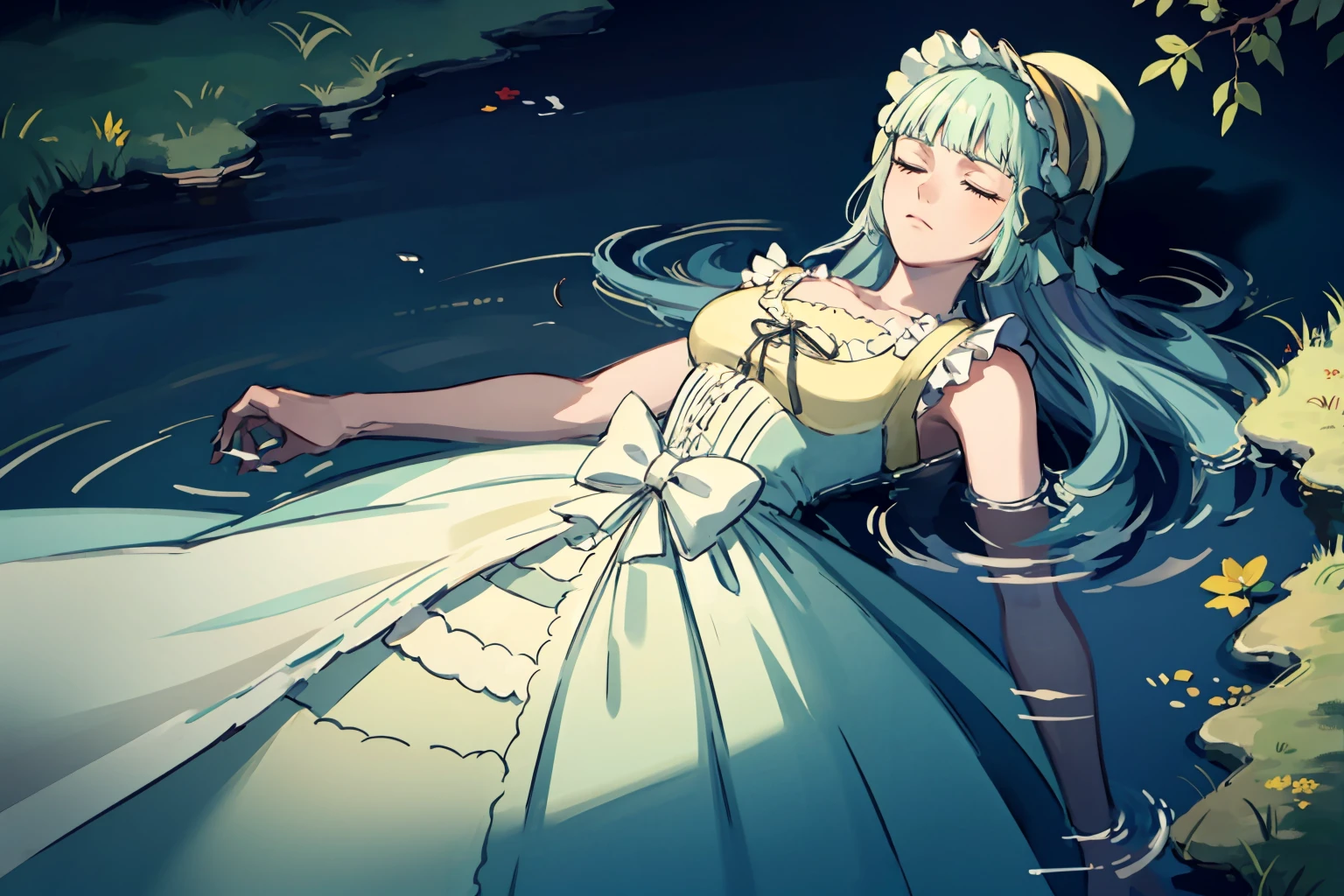 masterpiece,high quality,highres,1girl,solo,<lora:ophelia-parody-v1-wasabiya:1>,ophesyle,water,partially submerged,closed eyes,emotionless,branches,swamp,day ,on back,from side,<lora:clair-10:1>,clairvaux,blue eyes,bonnet,frills,dress,bow,