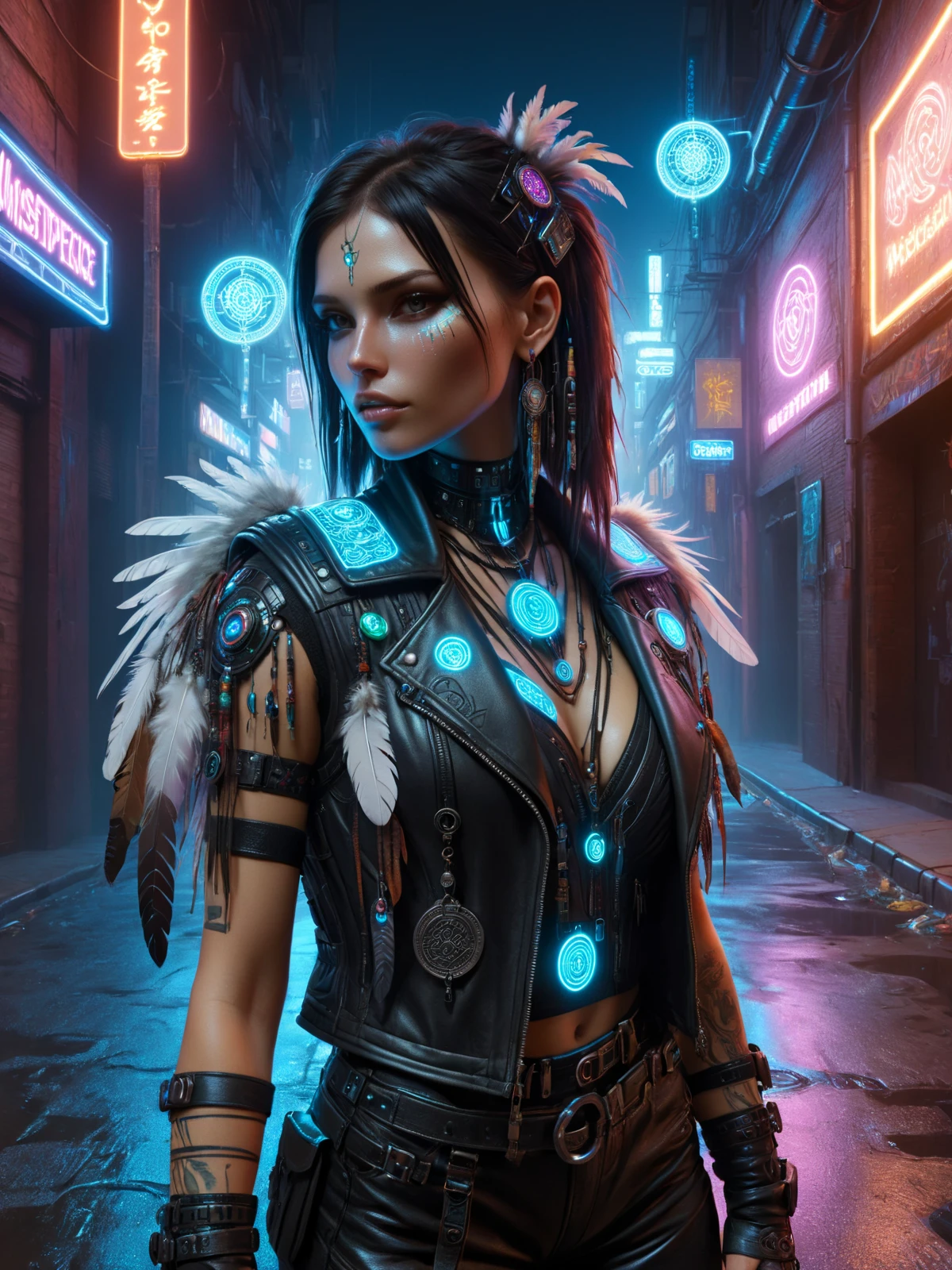 woman, cyberpunk, cybershaman, leather vest, hologram, talisman, feathers, magic, neon light, cyberpunk alley at night <lora:Cyberpunk_Techno-Mages_SDXL:0.8>, (masterpiece:1.2), best quality