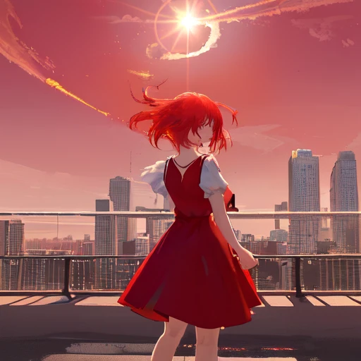 <lora:Skyline_1.0:0.5> 1girl, standing, red dress, Roof_Skyline, sky, lense flare