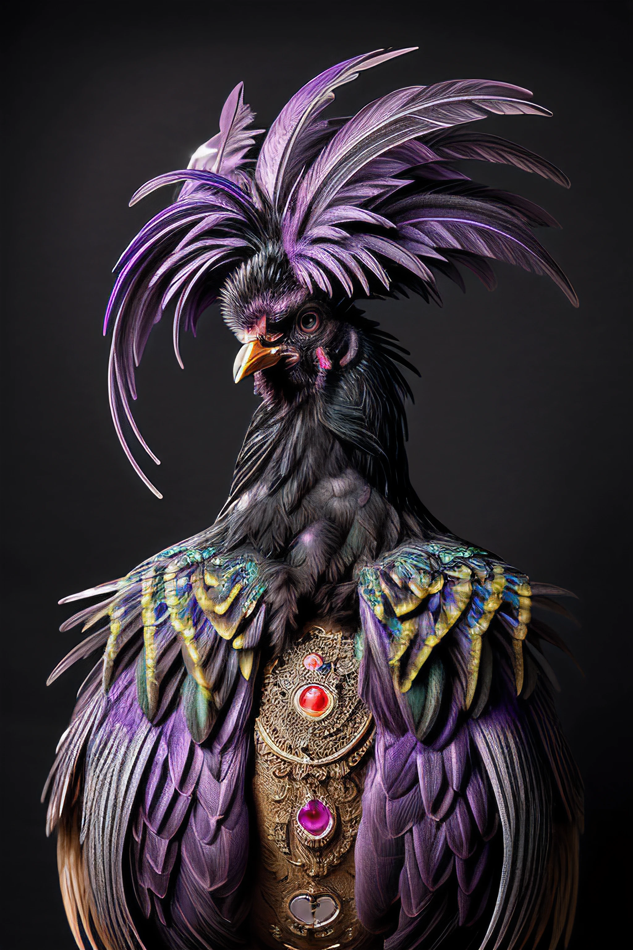 a professional pet photograph of (R005t3r:1.1) bird as a rooster chicken,with a (purple iridescent plume) with (colorful yellow tipped wing feathers),standing on a stage,competing in a pet show,extremely ornate and detailed plumage,facing the viewer,portrait,(simple studio background),rich details,modelshoot style,hyper realistic,intense,highly detailed,face_focus,looking_at_viewer,PA7_Portrait-MS,<lora:R005t3r_01A-final:0.8>,