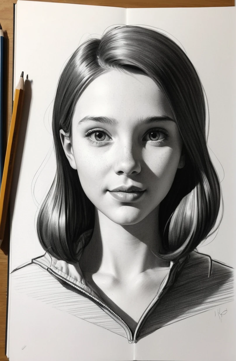 a **** book drawing of a young woman,  pencil, black and white, line drawing, by Grzegorz Rutkowski, concept art