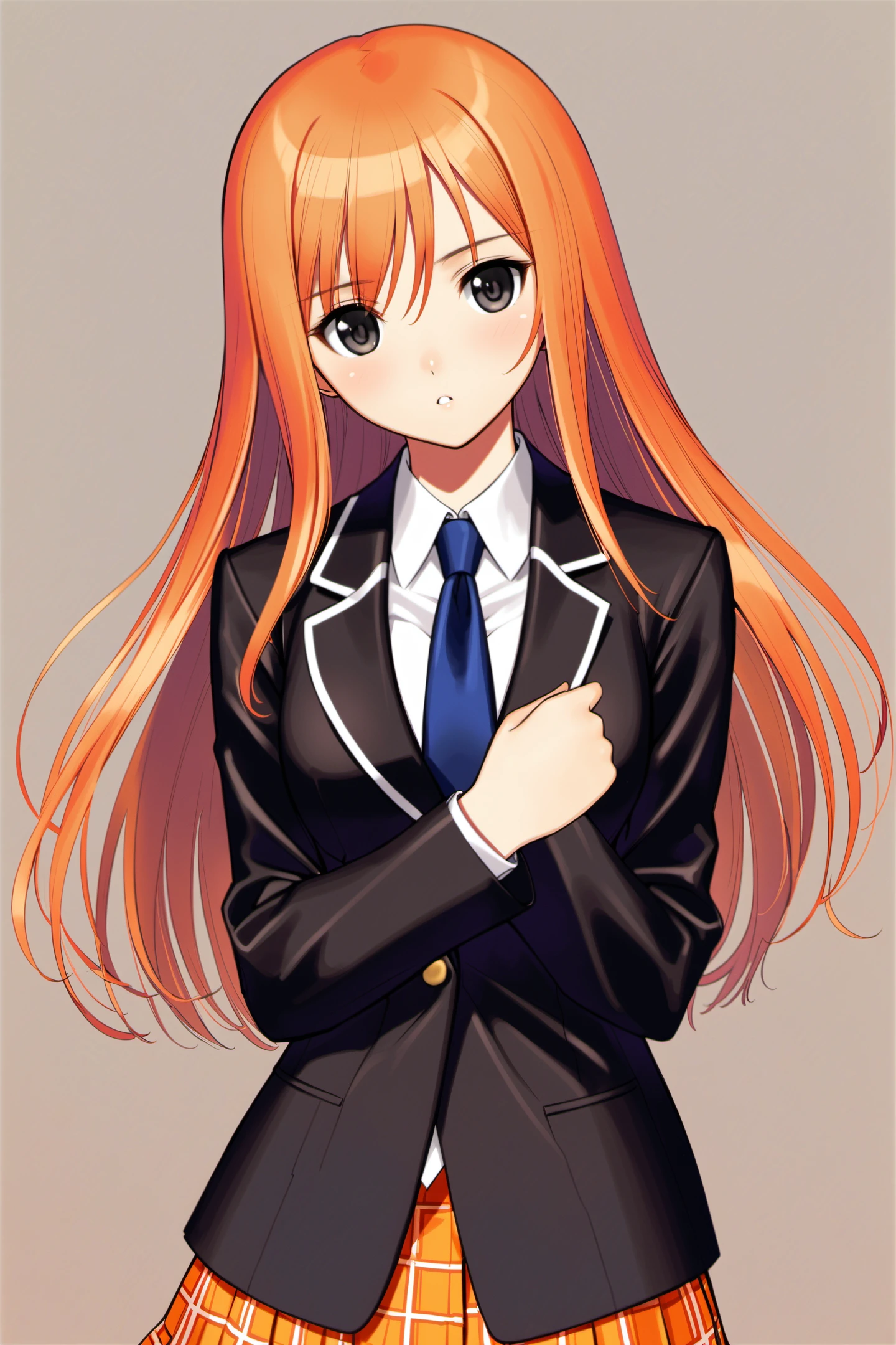 1girl, solo, orange skirt, black eyes, long hair, orange hair, school uniform, necktie, plaid skirt, plaid, blazer, arms behind back, own hands together, black jacket, <lora:TONY_XL:0.8>