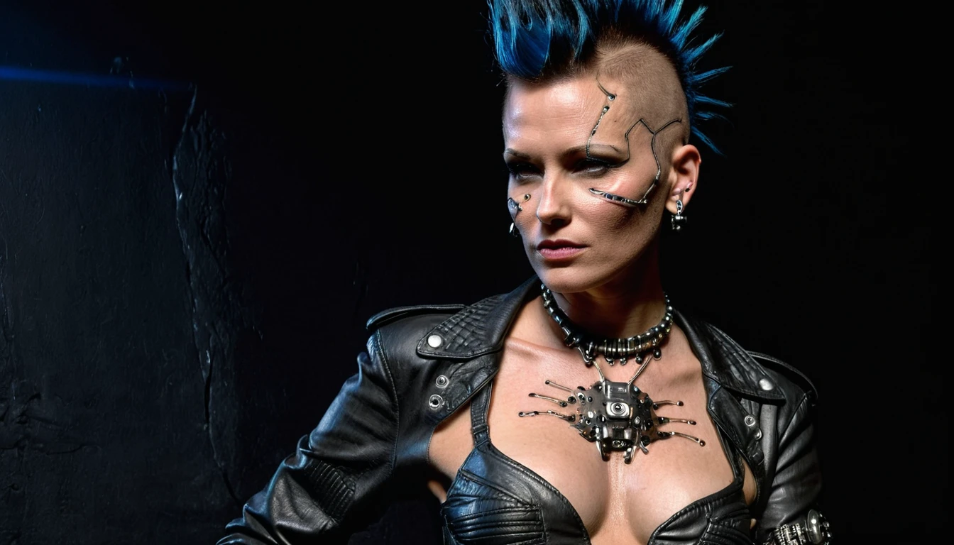 candid photo of a 80's punk woman standing in a nightclub, punk mohawk hairstyle, she has cyberware lines embedded in her face, wearing a leather jacket, ((her chest is embedded with mechanical implants under her chest skin, <lora:962D832DF1:0.8>, high quality, skin texture, looking at the camera