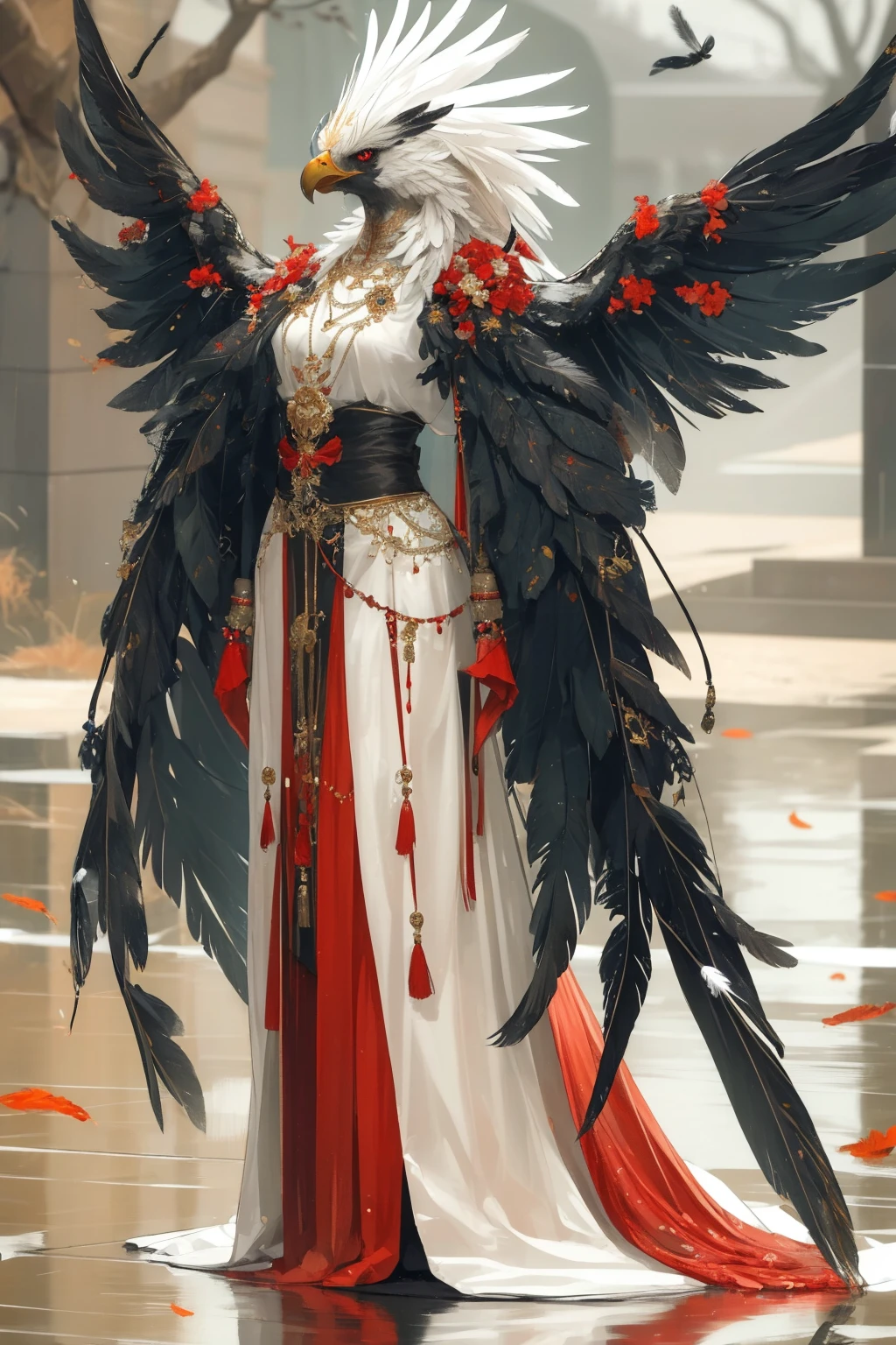 1 eagle,full body,feathers,wings,red eyes,<lora:麻è¢2024-022ææé¸æé0.4-0.9:0.7>,peach,, masterpiece,best quality,ultra-detailed,