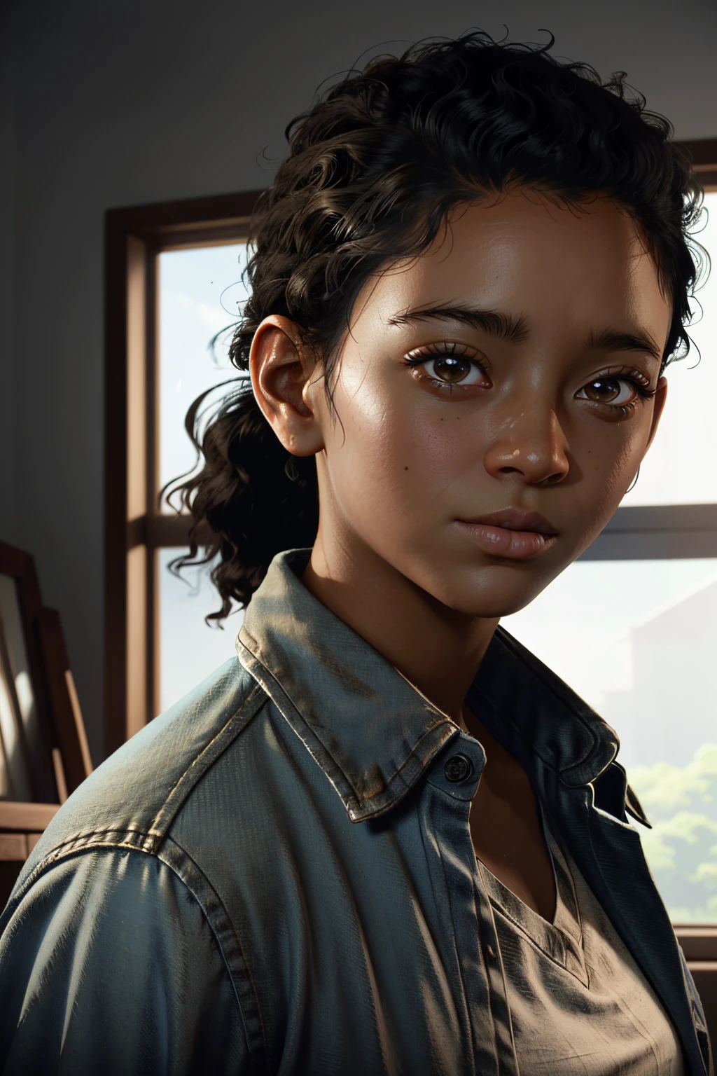 ((ultra detailed, masterpiece, absurdres))
 <lora:TLOURiley-000009:0.9>
TLOURiley, 1girl, solo, very dark skin, brown eyes, black hair, portrait