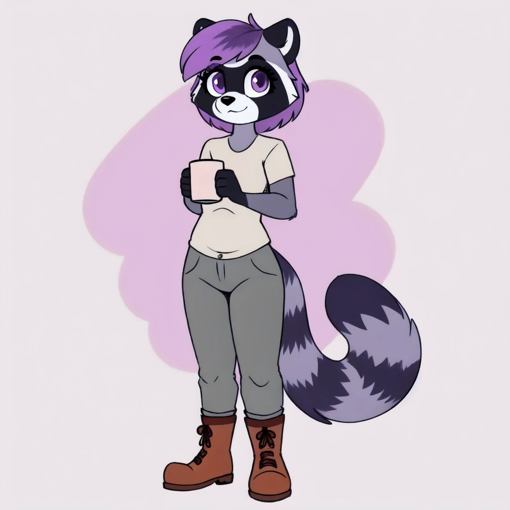 <lora:Foxandsnus_Raccoon-50:0.7>
foxandsnus_raccoon, raccoon, female, solo, 1girl, masterpiece, hair, purple eyes, purple hair, raccoon tail,
sfw, clothed, shirt, pants,
very slim, boots,
holding hot coffee mug,