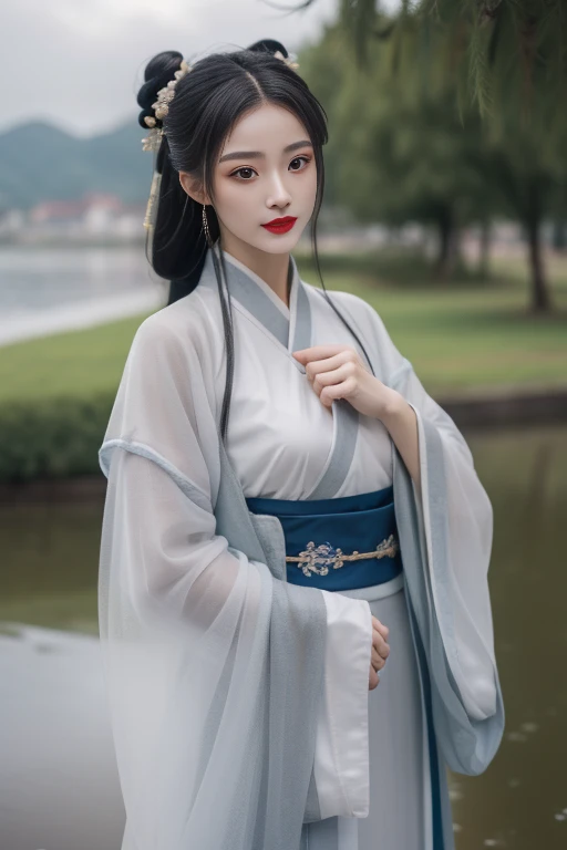 ltra-detailed,highly detailed,best quality,masterpiece,illustration,realistic,photorealistic,
hanfu-jingzhi, 1girl, solo,
hanfu, chinese clothes, wide sleeves, long sleeves, sash, see-through, layered clothes, traditional dress, colored dress,
black hair, long hair,hair ornament, ribbon, hair bun,
red lips, lipstick, black eyes, makeup, light smile,
looking at viewer, standing, upper body,
outdoors, photo background, cloud, grey sky, cloudy sky, day, rain, water,wiind,willow, floating hair, floating clothes,
<lora:hanfu jingzhi_v1_02:0.7>