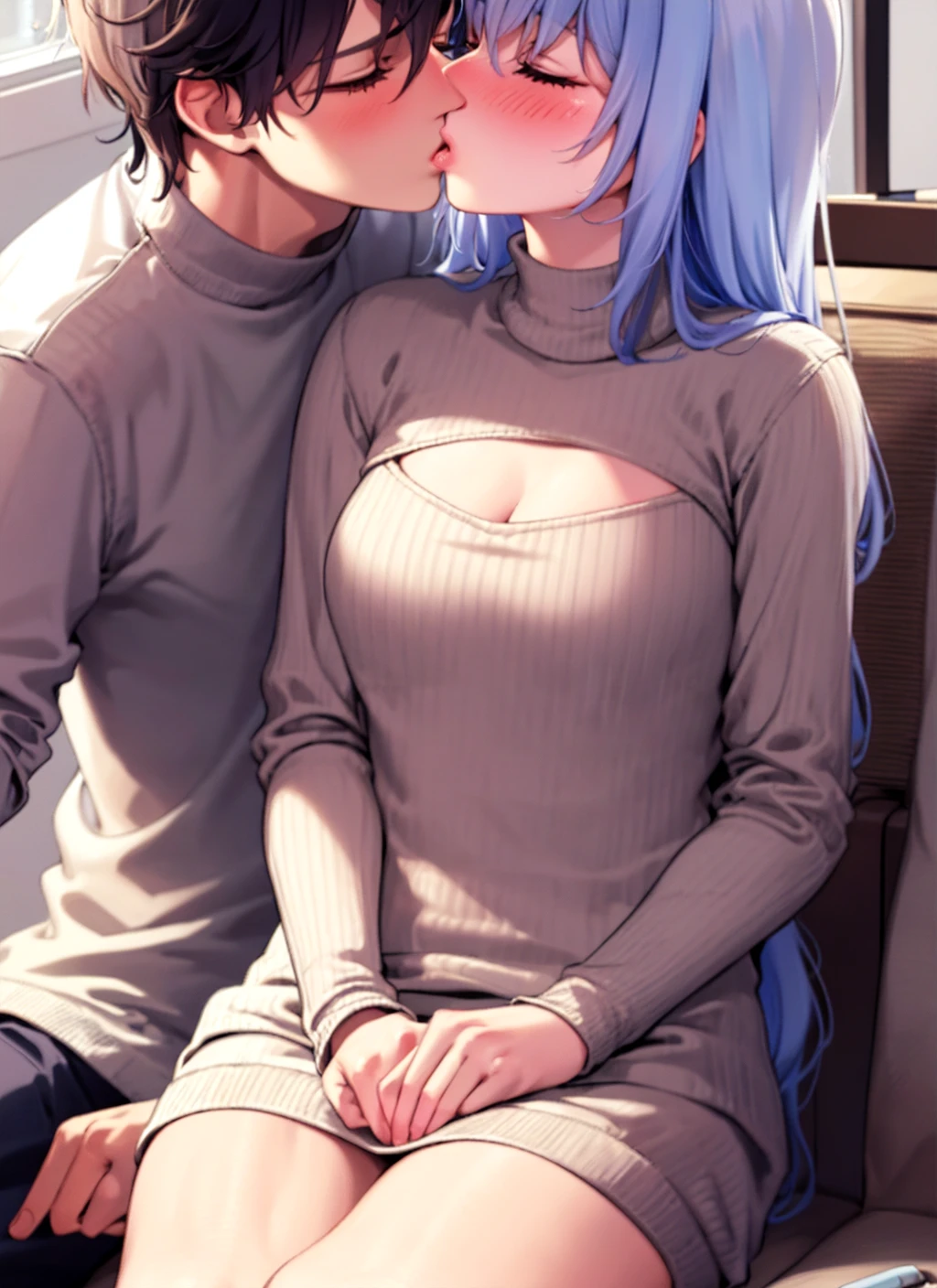 1boy, 1girl, hetero, closed eyes, kiss, sitting close,<lora:KISSING_V1:0.8>, open-chest sweater, cleavage cutout, blush, <lora:keyhole_turtleneck_v1.5:0.9>