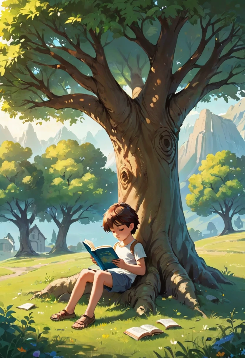 A movie poster, with a tree in the background , and a boy wearing green clothes sitting on her trunk reading a book, and surrounded by flowers