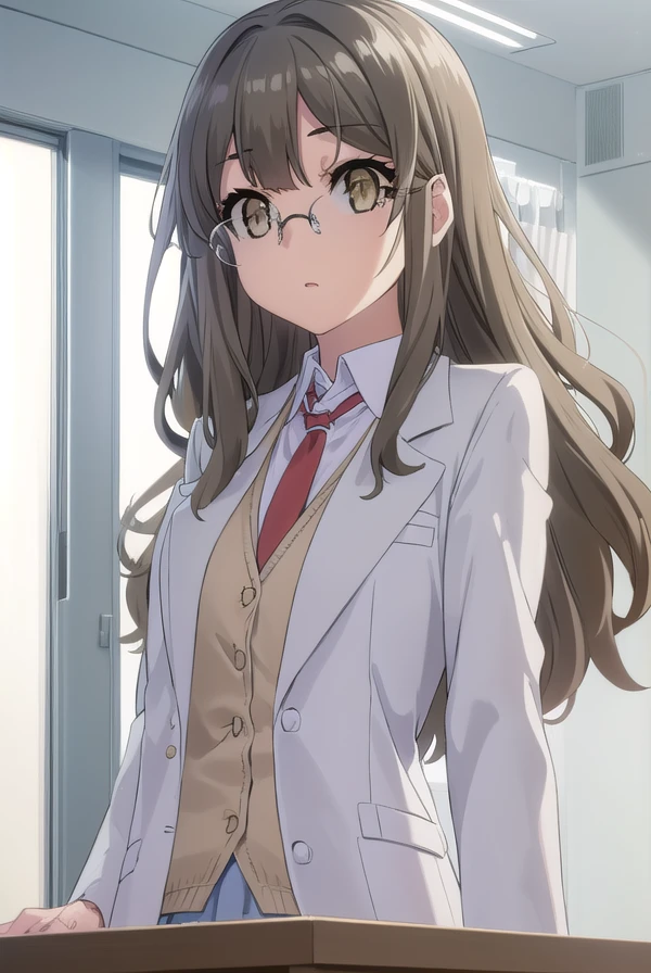 1girl,alone,rio futaba,masterpiece,best quality,realistic, (facing viewer: 1.2), front, pov (from below), indoors, chemistry room, detailed background, heavy breathing, blushing nose, (cheerful:1.1), long_hair, brown_hair, brown_eyes, glasses, huge breasts, medium waist, wide hips, medium thighs, round butt ChichiBukuro, pleated miniskirt, lab coat, open coat, black shirt, tank top, tie neckline, perfect anatomy, perfect hands