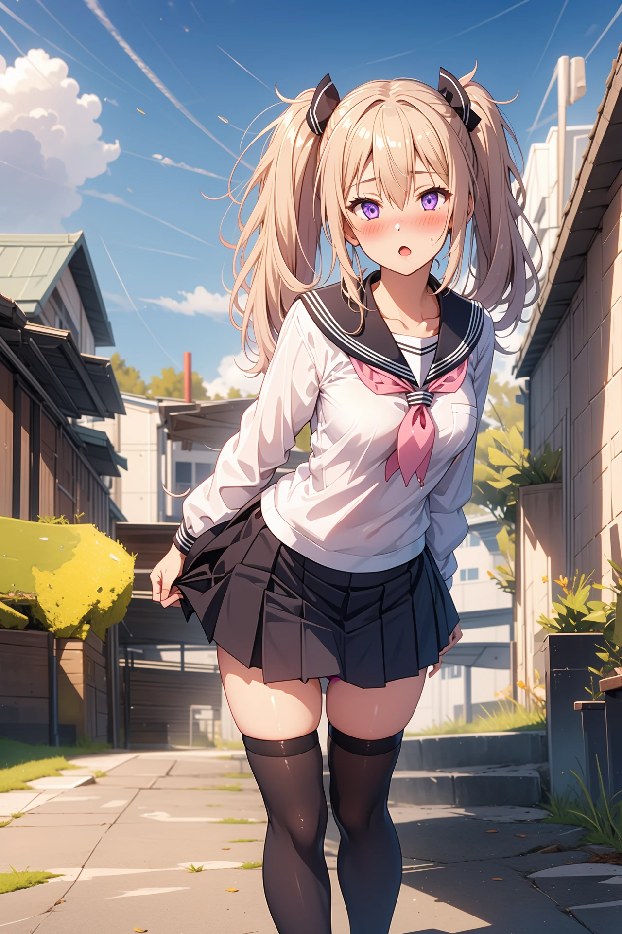 1girl, solo, outdoors, looking at viewer, (masterpiece:1.2), best quality, high resolution, unity 8k wallpaper, (illustration:0.8), (perfect hands, perfect anatomy), standing, (blush:1.5), shiny hair, shiny skin, sasha necron, blonde hair, low twintails, hair between eyes, purple eyes, hair ribbon, school uniform, serafuku, sailor collar, skirt, thighhighs