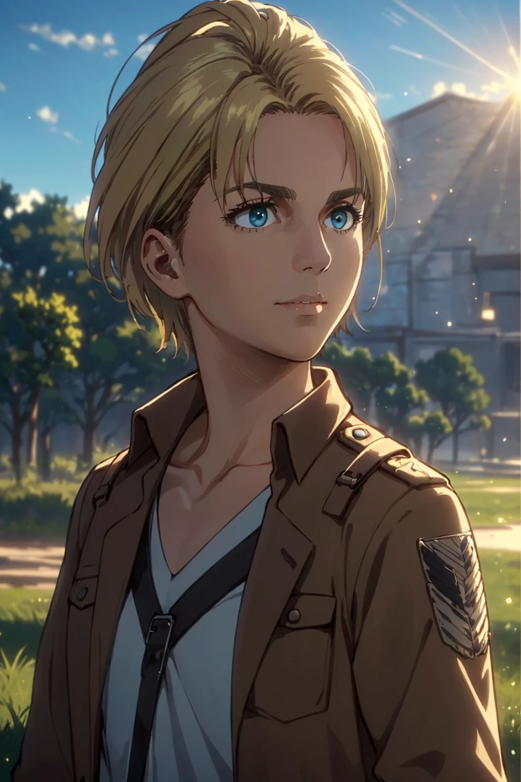 1girl,  solo,  Nanaba,  Attack on Titan,  blue eyes,  wore standard Survey Corps uniform with a light-colored v-neck underneath,  (blond hair) short light hair,  petite build,  beautiful,  handsome female,  charming,  alluring,  gentle expression,  soft expression,  calm,  smile (standing),  (upper body in frame),  simple background,  green plains,  sky,  dawn light,  cinematic light,  perfect anatomy,  perfect proportions,  8k,  HQ,  HD,  UHD,  (best quality:1.5,  hyperrealistic:1.5,  photorealistic:1.4,  madly detailed CG unity 8k wallpaper:1.5,  masterpiece:1.3,  madly detailed photo:1.2),  (hyper-realistic lifelike texture:1.4,  realistic eyes:1.2),  picture-perfect face,  perfect eye pupil,  detailed eyes,  dynamic,  (dutch angle),  (facing sunlight:1.5),  (side view),  AttackonTitan, perfecteyes,  Nanaba , 1 girl,<lora:EMS-498-EMS:0.200000>,<lora:EMS-269932-EMS:0.600000>,<lora:EMS-1093-EMS:0.600000>