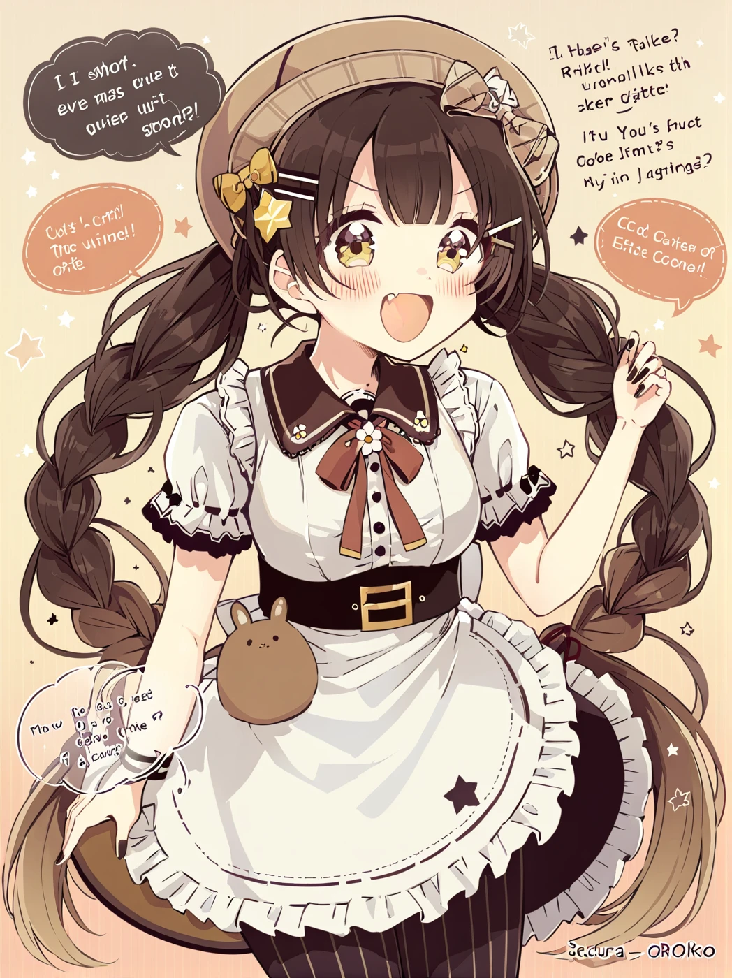 masterpiece,best quality,highest quality,best anatomy,sakura oriko,<lora:OPP 0J00SSDXL_LoHA>,1girl,solo,long hair,brown eyes,shirt,brown skirt,braid,skirt,white shirt,blush,short sleeves,vertical stripes,very long hair,twin braids,nail polish,brown hair,striped,smile,plaid,open mouth,apron,hair ornament,ribbon,:d,hairclip,bow,plaid skirt,frills,star (symbol),red ribbon,waist apron,pantyhose,hat,looking at viewer,bangs,frilled skirt,puffy sleeves,puffy short sleeves,white apron,hair bow,neck ribbon,frilled apron,personification,holding,striped background,fang,twintails,vertical-striped pantyhose,diagonal stripes,brown headwear,black pantyhose,v-shaped eyebrows,striped pantyhose,black nails,english text,collared shirt,brown bow,breasts,