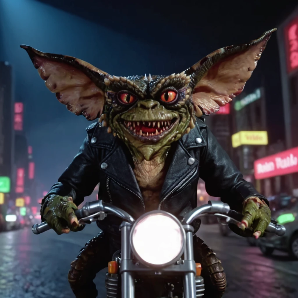 full shot, jdgremlin creature in black jacket riding a motorbike, at night, rendered eyes
<lora:JDGremlin_JuggernautXL_8_v1:.8>