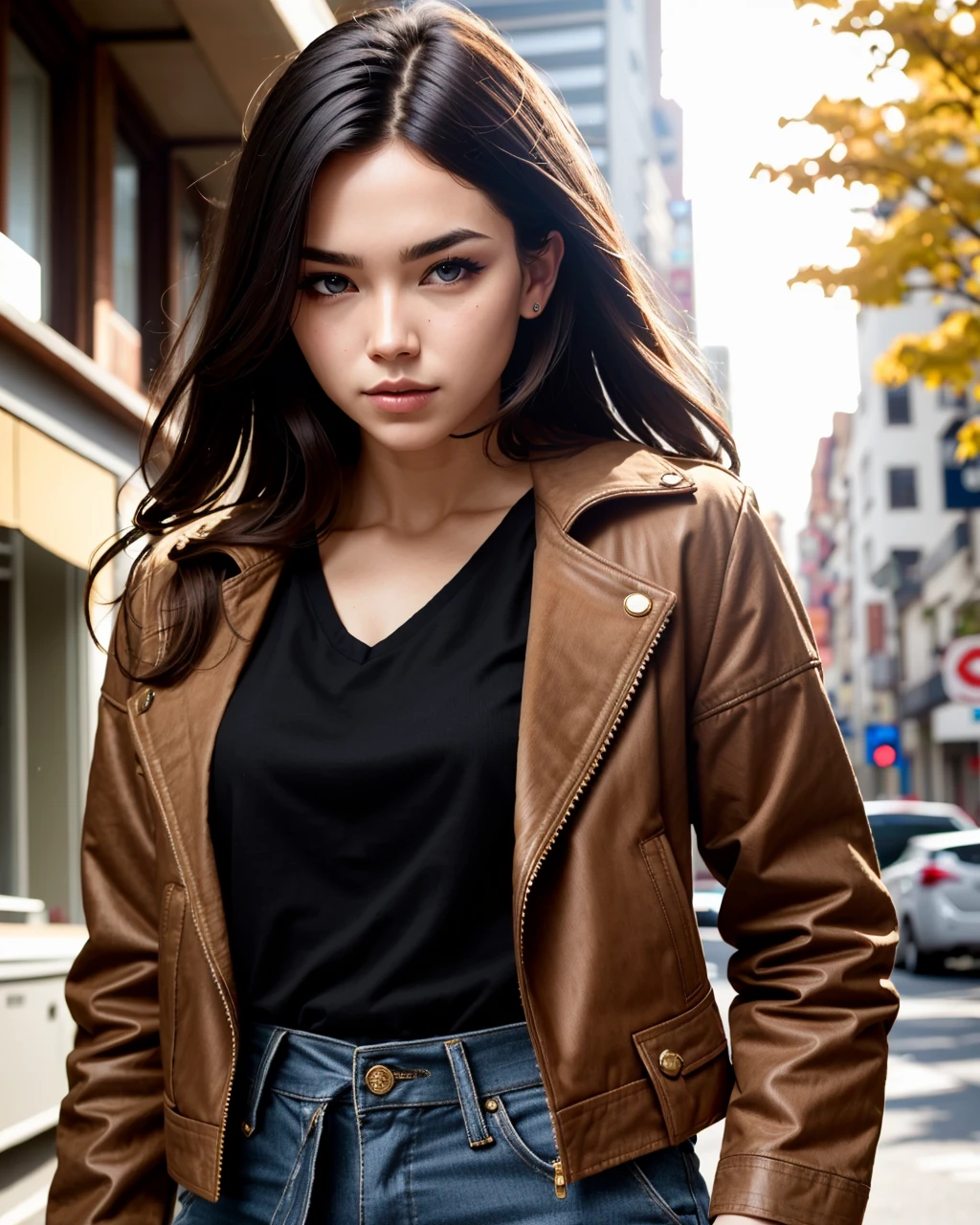 best quality,masterpiece,highly detailed,ultra-detailed, <lora:neg4all_bdsqlsz_V3.5:-1>,1girl, cityscape, < <lora:cartoonisationer:0>, 1girl, Camisole: A tank top with narrower straps, similar to a camisole, commonly seen in women's clothing. Leather Pants , Pants made of leather, sometimes for a fashionable look. (Corduroy Jacket:1.3), Corduroy fabric, Rich, autumnal colors like burgundy or mustard, breasts, narrow waist, Dreadlocks with Embedded LEDs - Metallic Gold , fantastic details full face, dot nose,detailed Angular eyes, mint green iris, curved eyebrows, mint beautiful Detailed Eyes, lips, extremely detailed eyes, fantastic details full face, mouth, trending on artstation, pixiv, cgsociety, hyperdetailed Unreal Engine 4k 8k ultra HD,