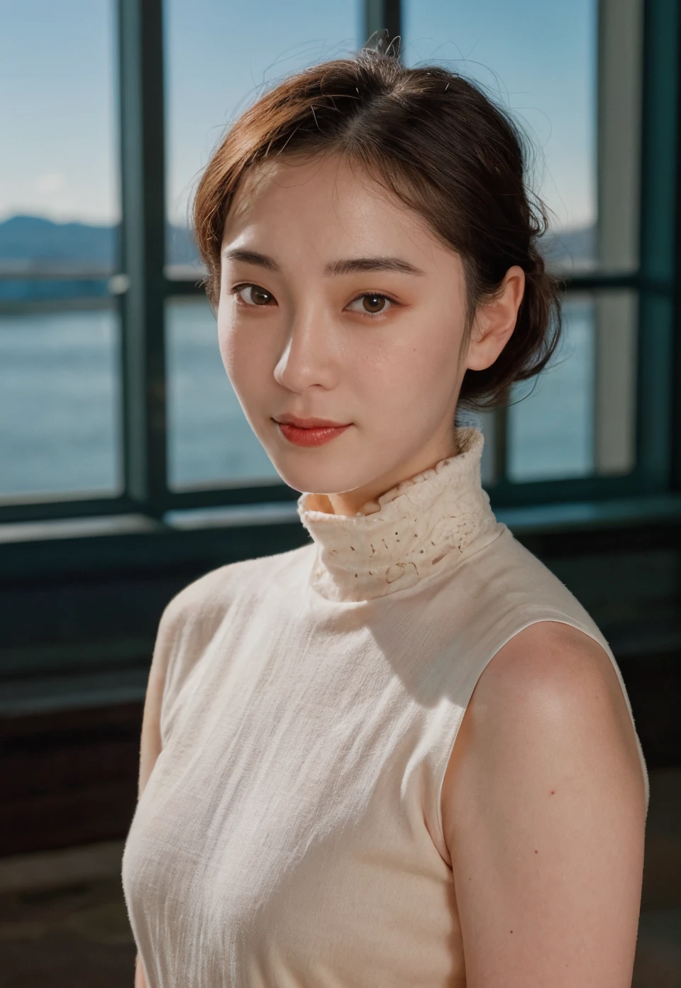 analog film photo solo, realistic, ((woman)), (((Wolf Haircut))), (((Sensual, A deep, intense gaze, a slow, deliberate smile, and a relaxed posture.))), (((Elegant high-neck blouses))), ((Compose a wide-angle shot of the majestic Busan Harbor Bridge, with its elegant cable-stayed design, the vibrant colors illuminating the bridge, and the bustling port below.)), ((dynamic pose)), PA7_Human-Likeness, PA7_Photo , PA7_Portrait-MS, high detailed, 8k, clear facial features, <lora:PAseer-SD15-LCM Quick:1> <lora:ReaLora:.2> skin <lora:KR_-_Hwang_Min_Kyoung:1> minkyoung <lora:GStyle_-_Photography_Style:.4> gstyle . faded film, desaturated, 35mm photo, grainy, vignette, vintage, Kodachrome, Lomography, stained, highly detailed, found footage