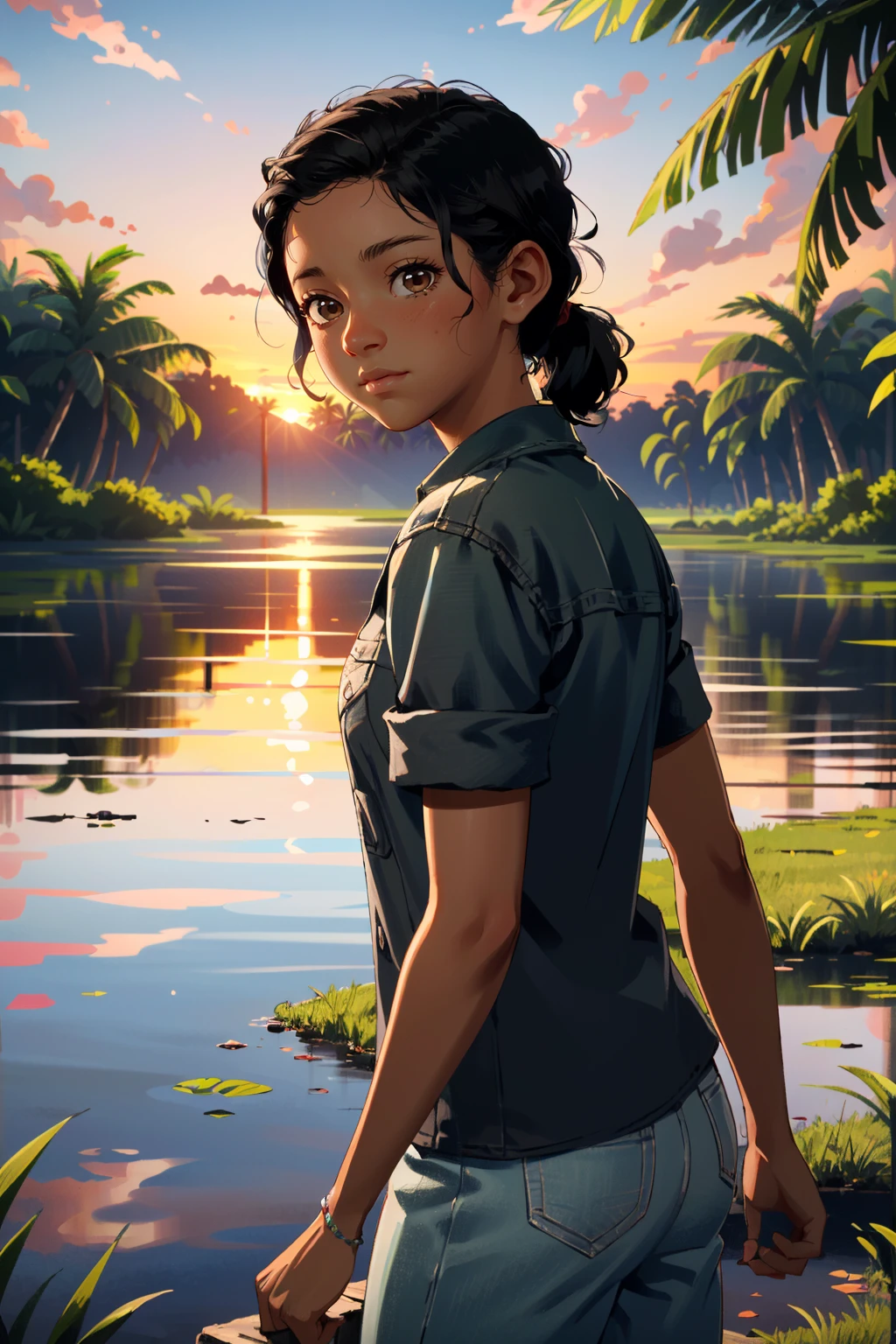 ((ultra detailed, masterpiece, absurdres))
<lora:TLOURiley:0.9>
TLOURiley, 1girl, solo, very dark skin, brown eyes, black hair, in front of Tropical river delta, lush mangrove trees, dynamic sunset reflections