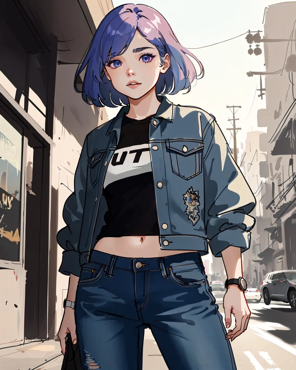 (masterpiece:1.2, best quality), (1lady, solo, upper body:1.2), Hair: buzz cut, Clothing: oversized, distressed denim jacket with patches and pins, paired with black skinny jeans and combat boots, Accessories: silver hoop earrings and a black choker necklace, Hanging out in an underground music venue or street art exhibit