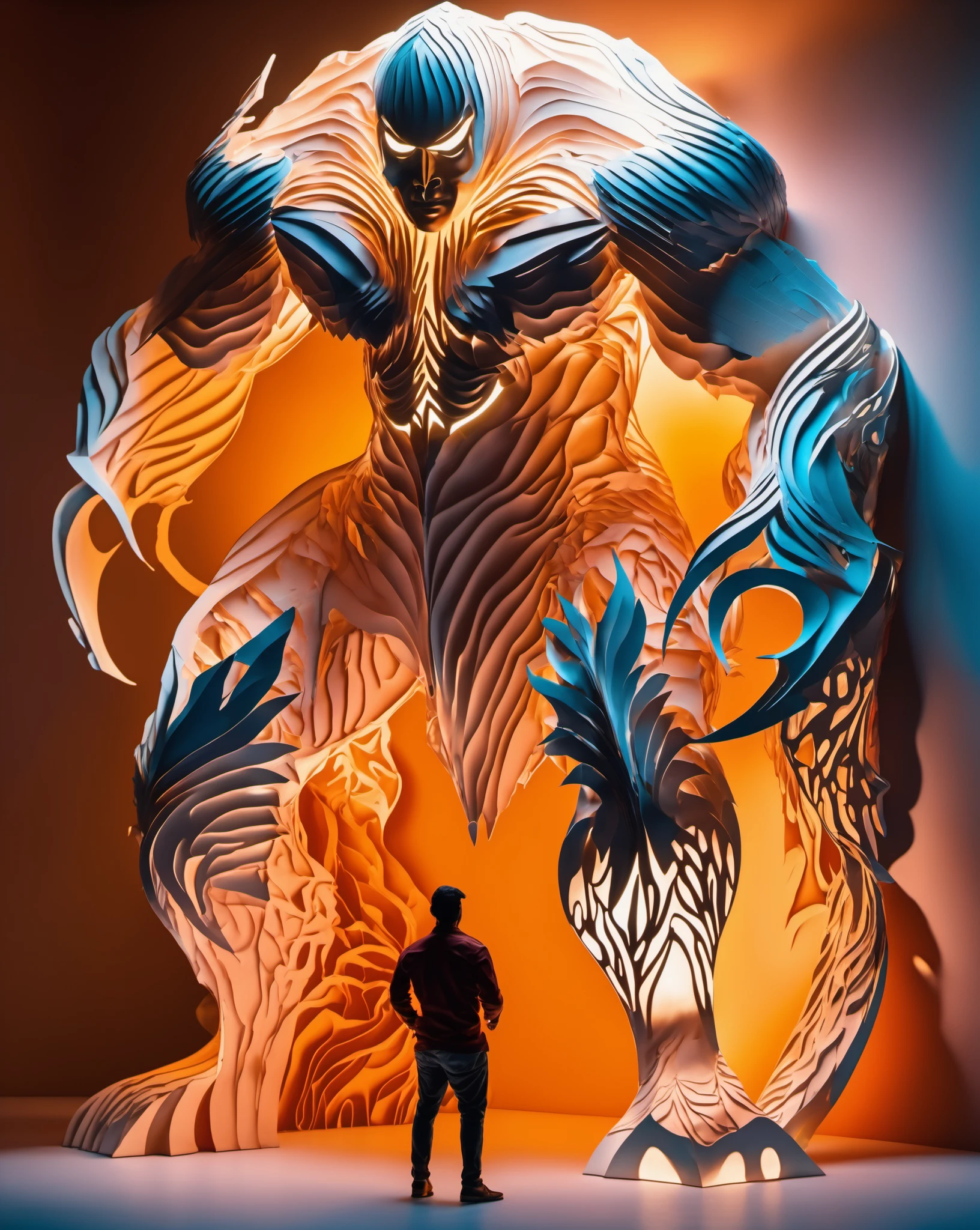 kirigami representation of abstract expressionist painting Full-length photo,(muscle male ONI:0.7),combat posture,Surrealism,from below,Surrealism,backlighting,Oouguancong,backlighting,cinematic lighting,8k,super detail,high quality,high details,UHD,award winning,anatomically correct,UHD,retina,masterpiece,ccurate,anatomically correct,textured skin:0.1),super detail,award winning,best quality,high quality,high details,16k,(moose horn:-0.2),(back:0.5),realistic style,fullbody,( god statues in the background:0.9),(dynamic posture:1.3),random posture,(abstract forms:0.4),(jagged blocky wireframe edges centered composition:0.6),. energetic brushwork,(bold colors:1.3),(expressive:1.2),(emotional:1.3), . 3D, paper folding, paper cutting, Japanese, intricate, symmetrical, precision, clean lines