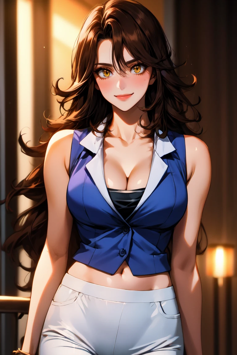 masterpiece, best quality, high quality, ultra-detailed, 16K resolution, Ultra-HD, incredibly absurdres, RAW, perfect eyes, extremely detailed eyes, beautiful eyes, perfect face, beautiful face,
<lora:GoodHands-beta2:1>, solo, 1girl, (mature female:1.4), <lora:Sumeragi_Lee_Noriega_by_Von:1>, sumeragi lee noriega, brown hair, long hair, yellow eyes, blue shirt, sleeveless shirt, cleavage, midriff peek, white pants, tight pants,
light smile, light blush,