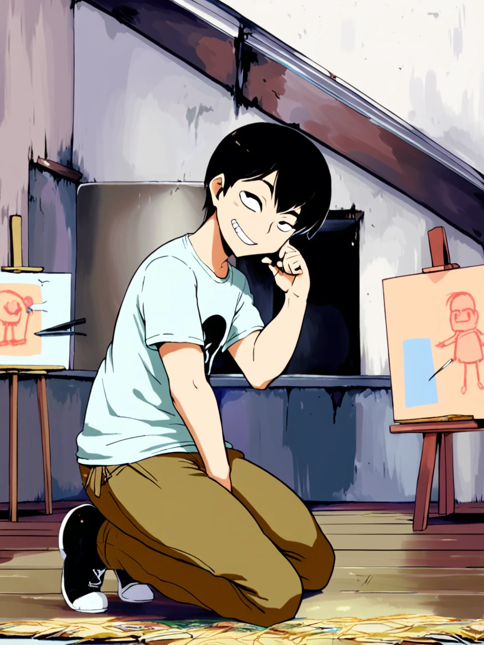art by null (nyanpyoun), deedlit, solo, looking at viewer, smug, a painting of a person in a beautiful shed, kneeling, t-shirt, pants rolled up
