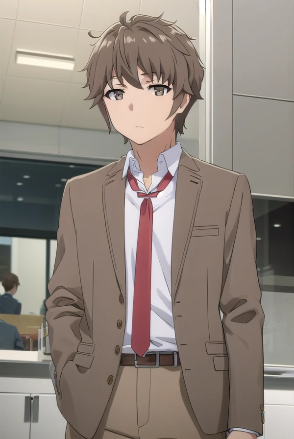sakutaazusagawa, <lora:sakuta azusagawa s1-lora-nochekaiser:1>,
sakuta azusagawa, short hair, brown hair, (brown eyes:1.5), male focus,
BREAK shirt, long sleeves, school uniform, jacket, white shirt, open clothes, necktie, belt, pants, blazer, red necktie, brown jacket,
BREAK indoors, classroom,
BREAK looking at viewer, (cowboy shot:1.5),
BREAK <lyco:GoodHands-beta2:1>, (masterpiece:1.2), best quality, high resolution, unity 8k wallpaper, (illustration:0.8), (beautiful detailed eyes:1.6), extremely detailed face, perfect lighting, extremely detailed CG, (perfect hands, perfect anatomy),