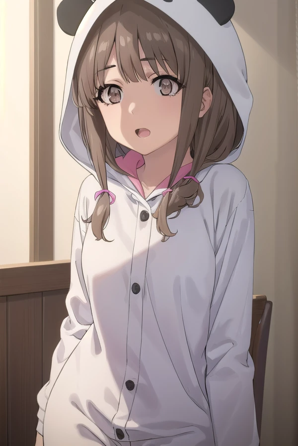 kaedeazusagawa, <lora:kaede azusagawa s1-lora-nochekaiser:1>,
kaede azusagawa, long hair, bangs, brown hair, (brown eyes:1.5), smile, open mouth,
BREAK animal ears, tail, hood, pajamas, animal hood, animal costume, panda ears,
BREAK indoors,
BREAK looking at viewer, (cowboy shot:1.5),
BREAK <lyco:GoodHands-beta2:1>, (masterpiece:1.2), best quality, high resolution, unity 8k wallpaper, (illustration:0.8), (beautiful detailed eyes:1.6), extremely detailed face, perfect lighting, extremely detailed CG, (perfect hands, perfect anatomy),