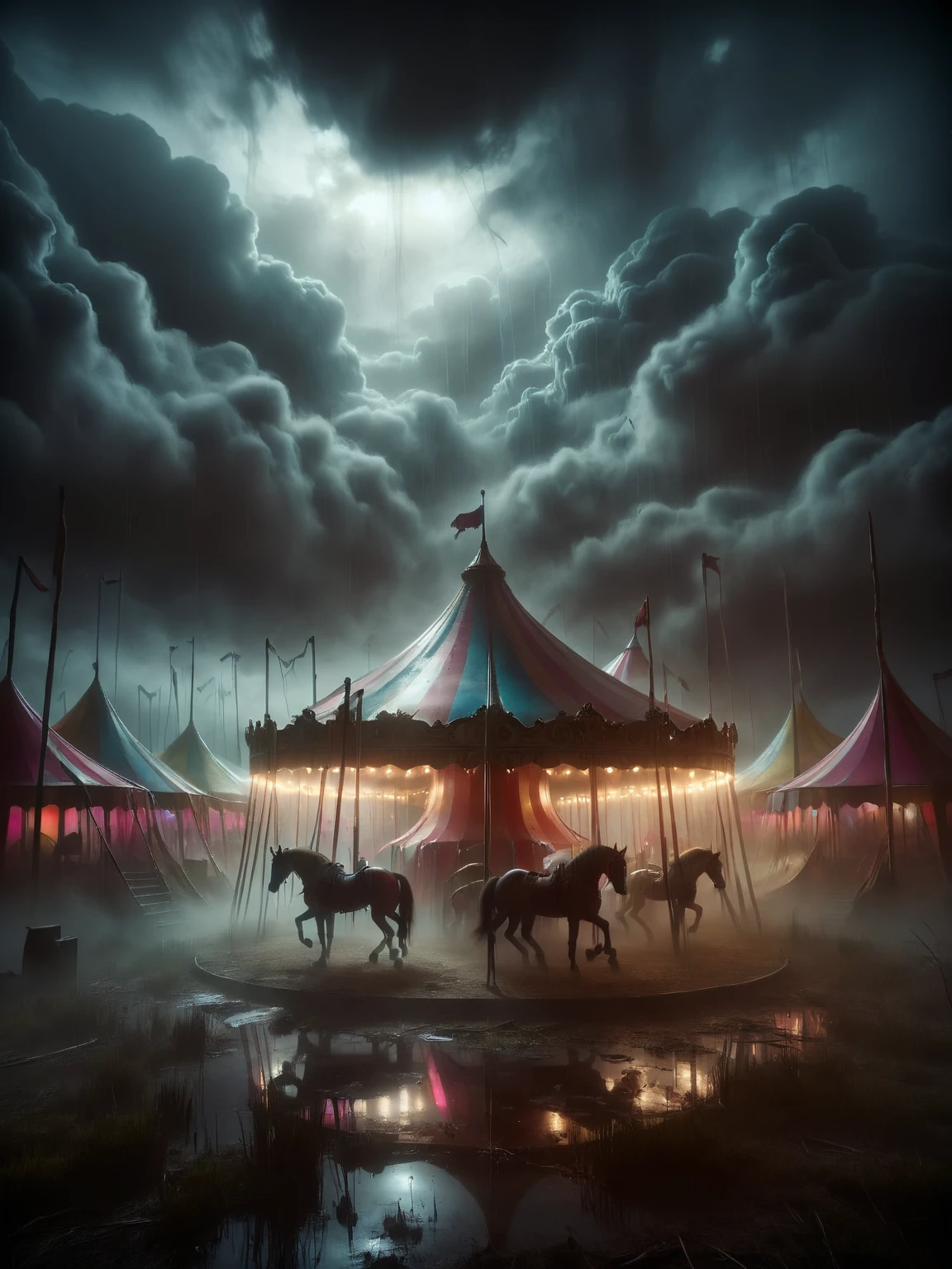 ais-sinisterz, a derelict circus in the middle of a swamp, remnants of colorful tents, a silent carousel with spectral horses, all under a sky heavy with storm clouds <lora:Sinister_Style_SDXL:1>