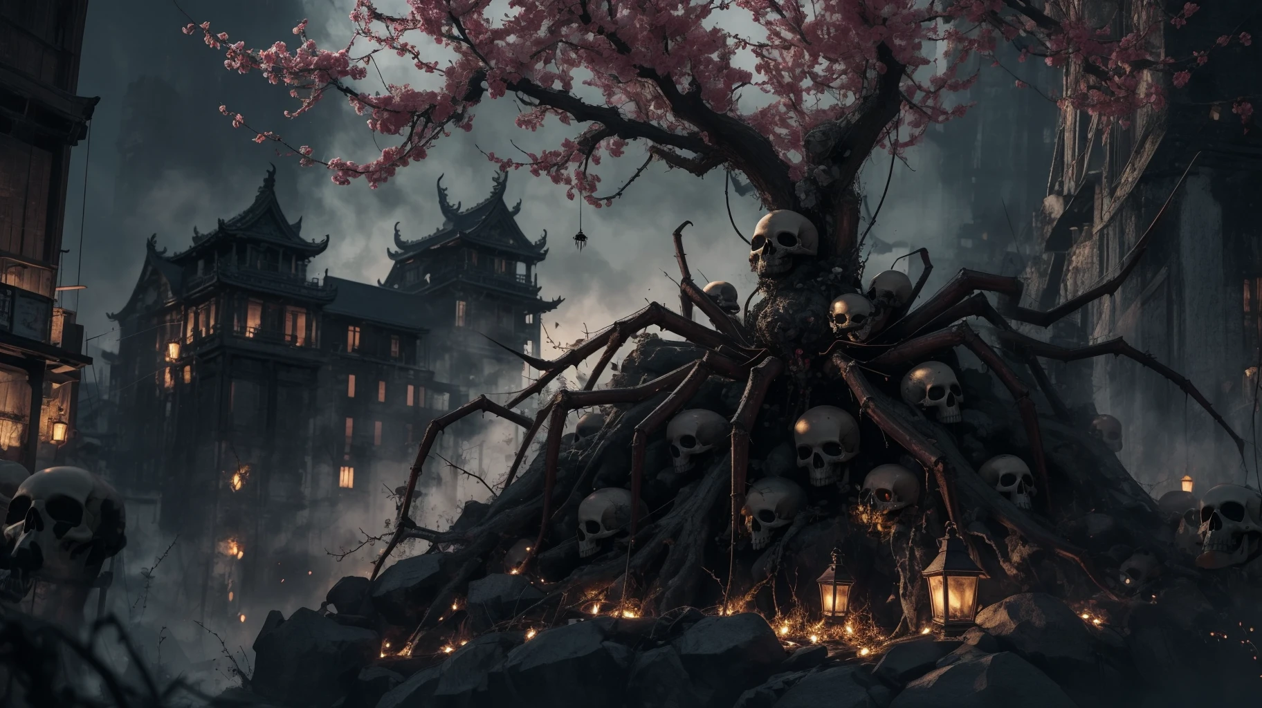 1girl,solo,full body,many skulls,tree,branch,outdoors,china dress,zhongfenghua,black_theme,spider legs,terror theme,spizzy,chinese architecture,forest,night,<lora:éº»è¢2024-023æ¡æé0.6-0.8:0.6>,<lora:æªç©å¥³çv1.1:0.6>,spider silk,, masterpiece,best quality,ultra-detailed,