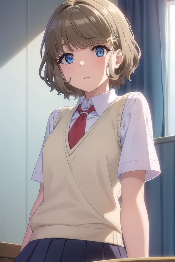 tomoekoga, <lora:tomoe koga s1-lora-nochekaiser:1>,
tomoe koga, short hair, brown hair, blue eyes, hair clip,
BREAK skirt, shirt, school uniform, white shirt, short sleeves, pleated skirt, necktie, collared shirt, red necktie, sweater vest,
BREAK indoors, classroom,
BREAK looking at viewer, (cowboy shot:1.5),
BREAK <lyco:GoodHands-beta2:1>, (masterpiece:1.2), best quality, high resolution, unity 8k wallpaper, (illustration:0.8), (beautiful detailed eyes:1.6), extremely detailed face, perfect lighting, extremely detailed CG, (perfect hands, perfect anatomy),