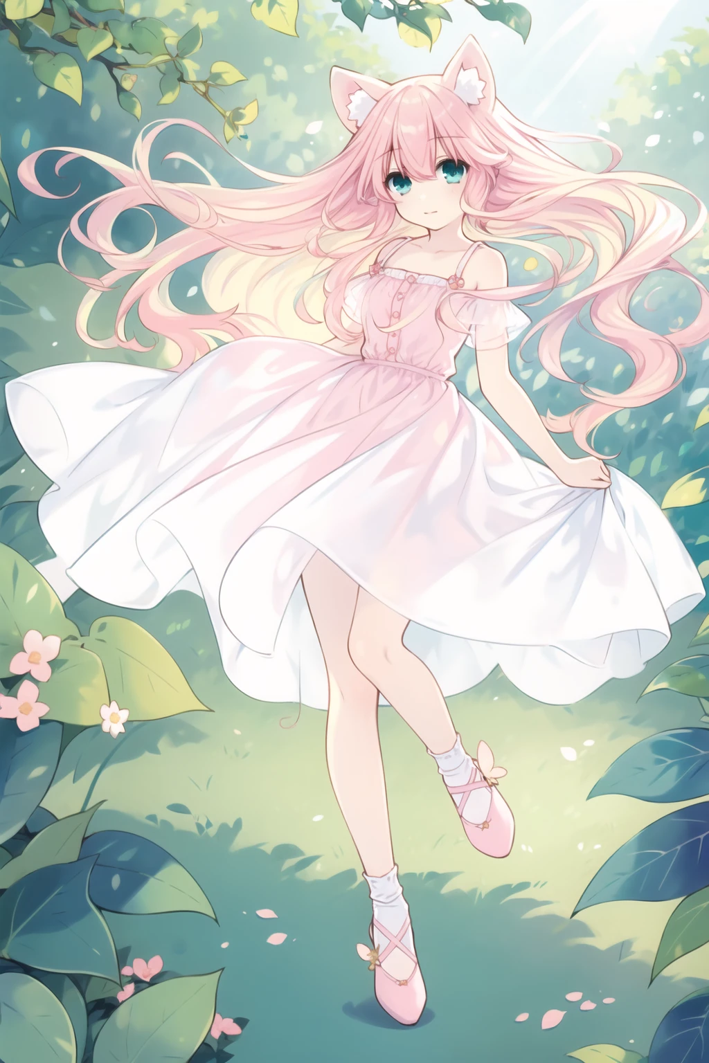 1girl,solo,fox_ears,aqua eyes,(pink hair:1.2|blonde hair),gentle hazel eyes,flowing wavy hair,ankle socks,gazing at viewer,white socks,ballet flats,pastel sundress,full body,butterfly garden,surrounded by fluttering butterflies,sunlight filtering through leaves,serene expression,spring,
