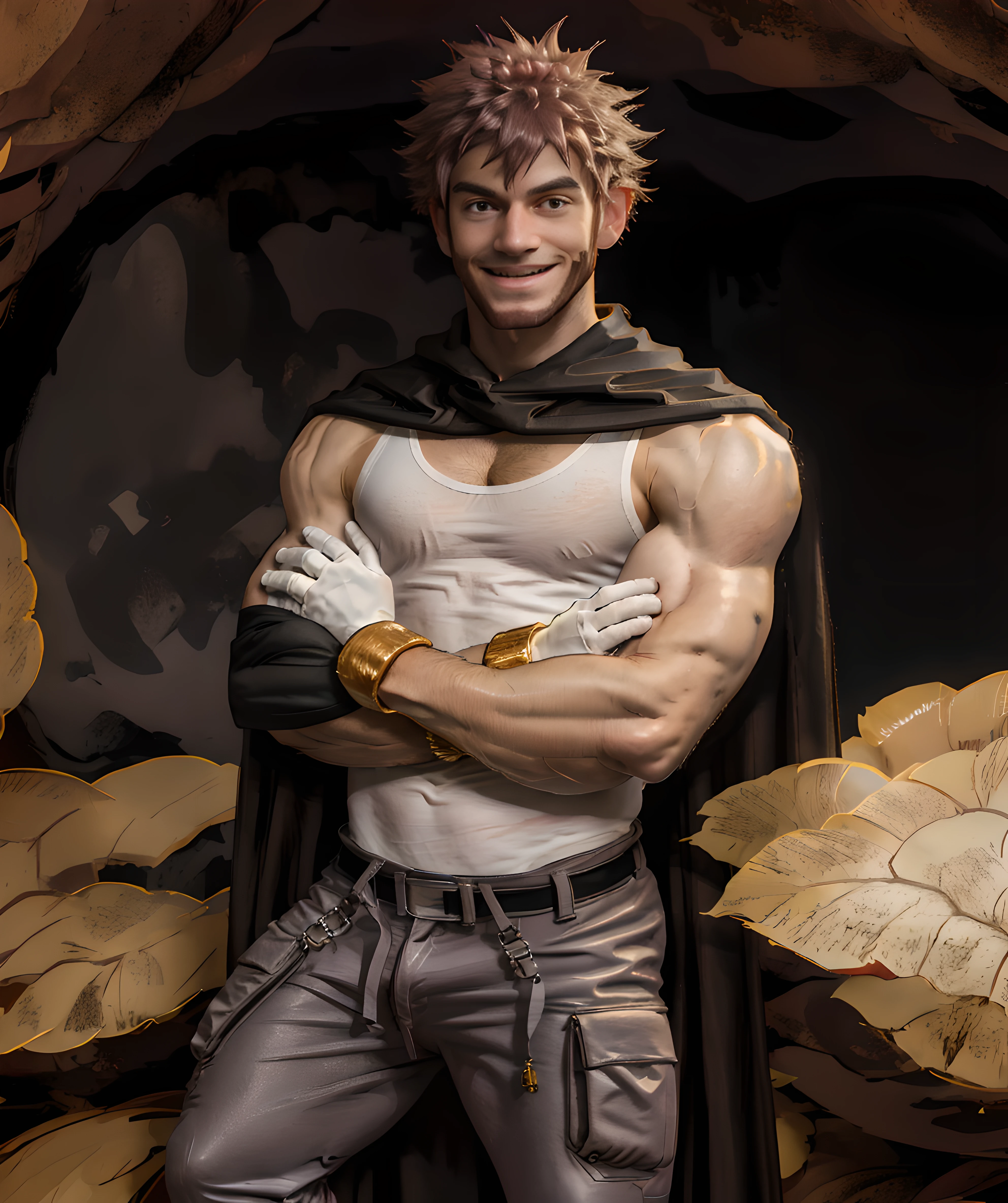 byron_pokemon, (standing, smiles, crossed arms), muscular, (beard, brown spiked hair), white gloves, (grey long pants, white tank top, cape), cave <lora:Byron-15:0.85>