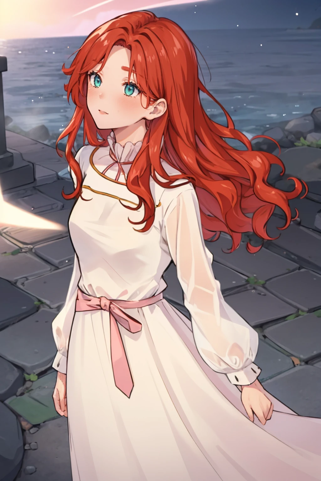 ultra detailed, sharp focus, best quality, masterpiece, colorful, <lora:NSGingerPortia:1> NSGingerPortia, 1girl, white dress, pink ribbon, long sleeves, puffy sleeves, high collar, dynamic lighting, intricate details, looking up, 3/4 view