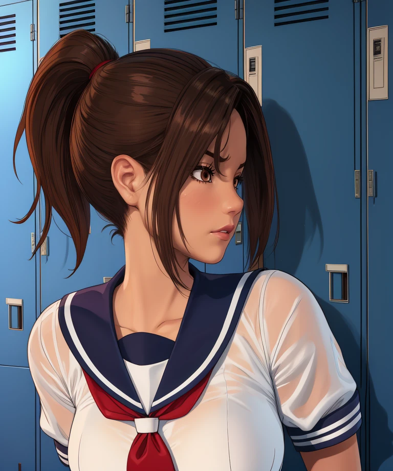 sastuki,brown hair,brown eyes, ponytail, 
school uniform,serious,
locker room,dim lighting,
standing,
(insanely detailed, beautiful detailed face, masterpiece, best quality),solo,<lora:sastuki:0.8>,