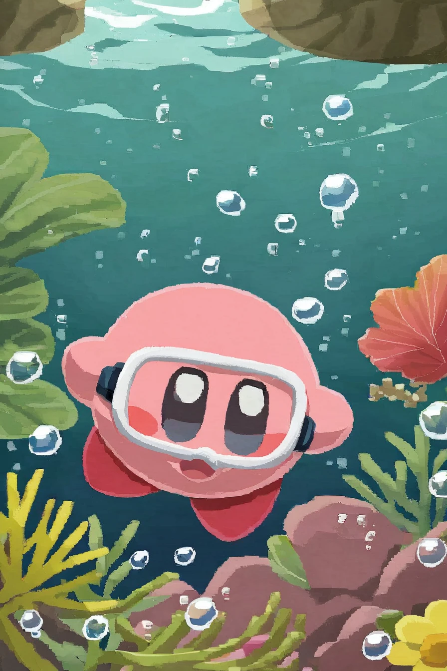 Ara love kirby style, underwater, kirby, goggles, diving mask, no humans, swimming, bubble, air bubble, fish, snorkel, coral, diving, solo, holding breath, flower, open mouth, black eyes