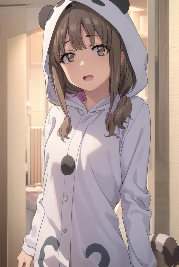 kaedeazusagawa, <lora:kaede azusagawa s1-lora-nochekaiser:1>,
kaede azusagawa, long hair, bangs, brown hair, (brown eyes:1.5), smile, open mouth,
BREAK animal ears, tail, hood, pajamas, animal hood, animal costume, panda ears,
BREAK indoors,
BREAK looking at viewer, (cowboy shot:1.5),
BREAK <lyco:GoodHands-beta2:1>, (masterpiece:1.2), best quality, high resolution, unity 8k wallpaper, (illustration:0.8), (beautiful detailed eyes:1.6), extremely detailed face, perfect lighting, extremely detailed CG, (perfect hands, perfect anatomy),