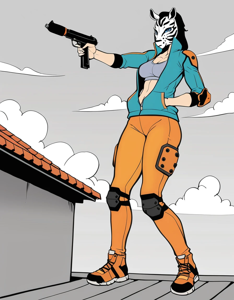 (masterpiece,best quality),oldest,1girl,hlmcorey, <lora:HLMCoreyAnimagine:0.65>,,full body,teal jacket,unzipped,sports bra,orange pants,knee pads,elbow pads,zebra mask,blue eyes,holding black uzi,trigger discipline,boots,outdoors,cloudy,on rooftop,grey skies