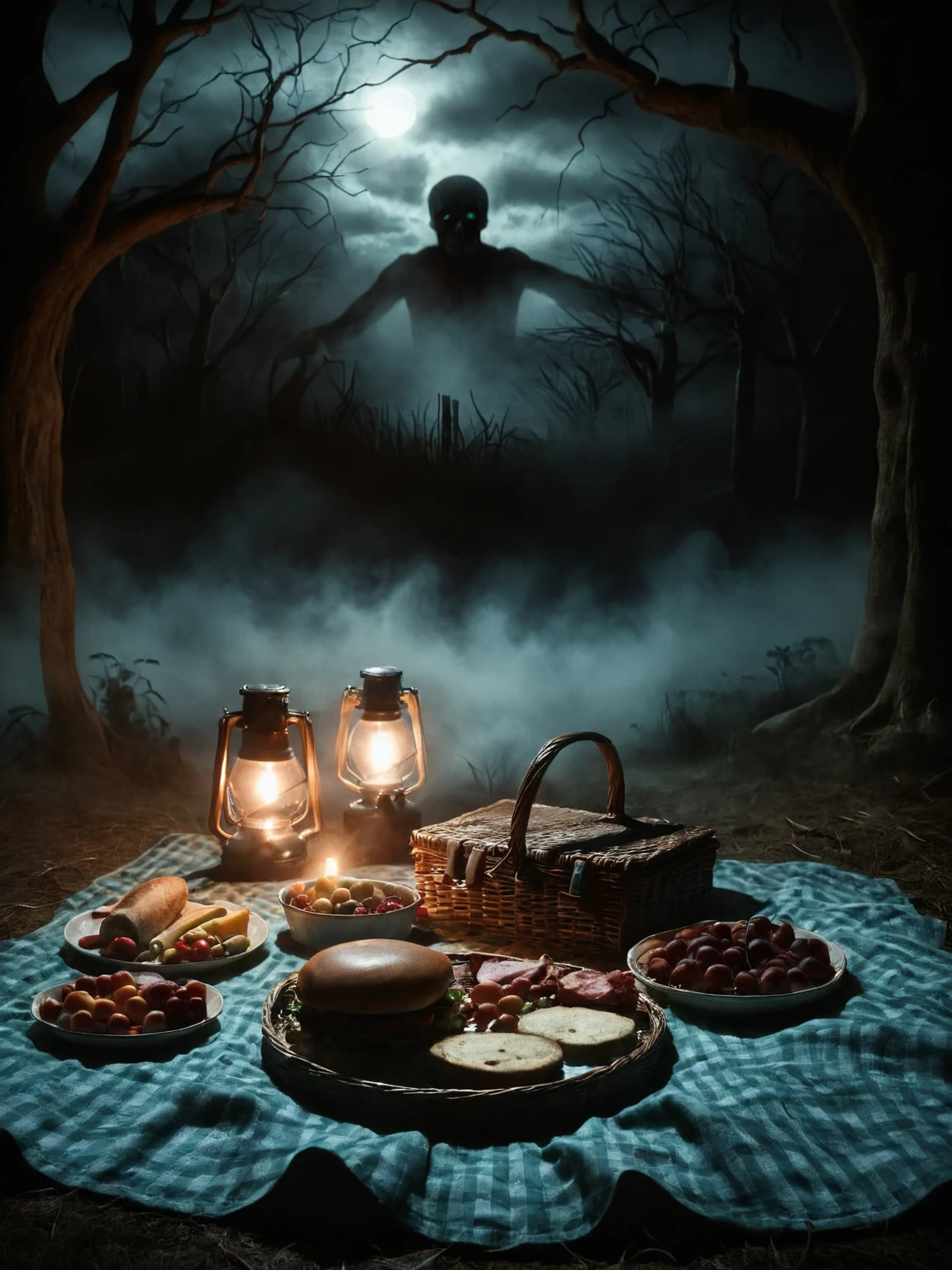 ais-sinisterz, a seemingly idyllic picnic scene takes a turn for the macabre as the food on the blanket writhes and pulsates with a life of its own. <lora:Sinister_Style_SDXL:1>