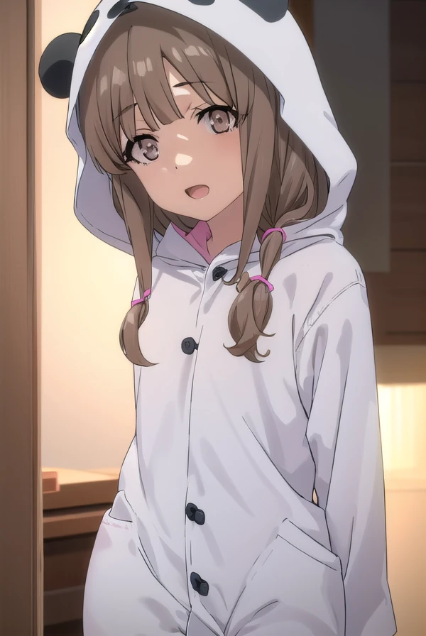 kaedeazusagawa, <lora:kaede azusagawa s1-lora-nochekaiser:1>,
kaede azusagawa, long hair, bangs, brown hair, (brown eyes:1.5), smile, open mouth,
BREAK animal ears, tail, hood, pajamas, animal hood, animal costume, panda ears,
BREAK indoors,
BREAK looking at viewer, (cowboy shot:1.5),
BREAK <lyco:GoodHands-beta2:1>, (masterpiece:1.2), best quality, high resolution, unity 8k wallpaper, (illustration:0.8), (beautiful detailed eyes:1.6), extremely detailed face, perfect lighting, extremely detailed CG, (perfect hands, perfect anatomy),
