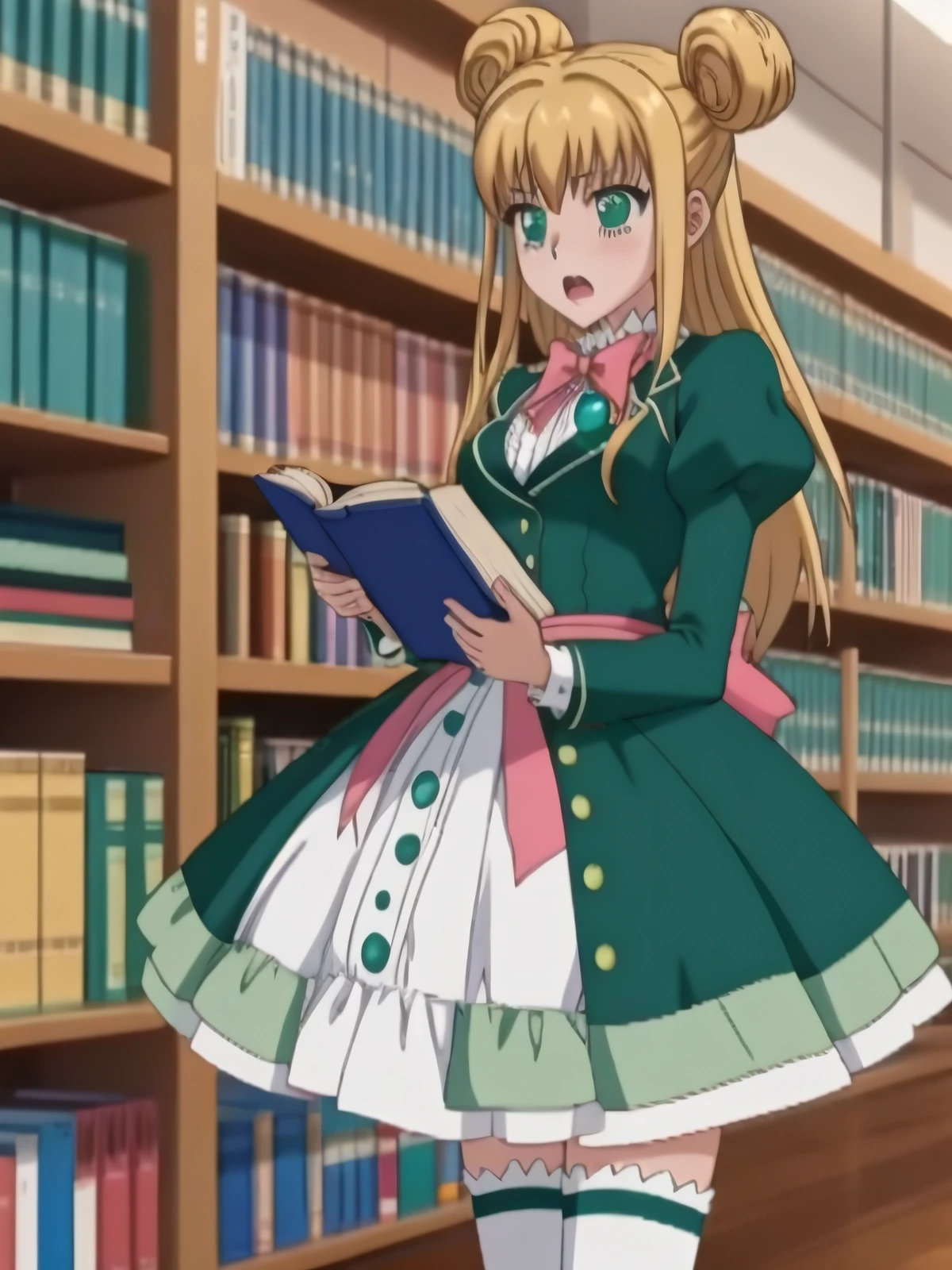 (masterpiece, highres, best quality, professional work:1.2), award winning, photorealism, photorealistic, photo,
<lora:Infinity Nado - Cecilia:1> Cecilia, blonde hair, tailbone length hair, green eyes, green dress, red bow, green pendant, two buns hairstyle, white extra long thigh high socks, red slippers, standing in library, full body, read book, blush, embarassed expression, open mouth, book shelves