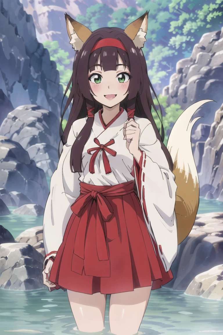 ((masterpiece,best quality)), absurdres,
<lora:Isekai_Onsen_Paradise:0.8>,
1girl, long hair, blush, skirt, black hair, ribbon, animal ears, green eyes, tail, sidelocks, hairband, outdoors, japanese clothes, wide sleeves, water, fox ears, fox tail, fox girl, ribbon trim, hakama, hakama skirt, partially submerged, ribbon-trimmed sleeves, miko, red hairband, red hakama,
looking at viewer, smile,