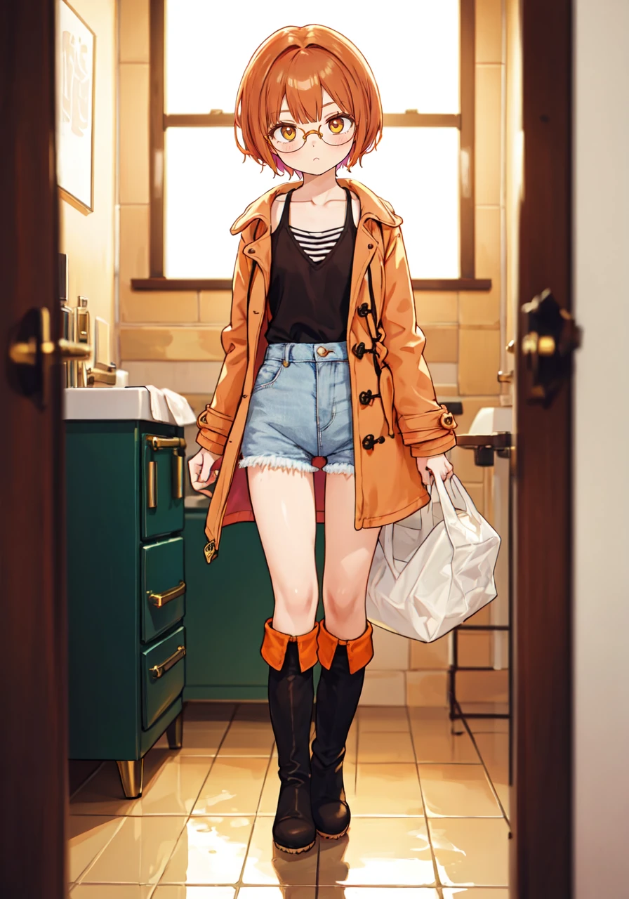 bathroom, ribbon trim, hotpink cutoff jeans, glasses, knee boots, halterneck, gathers gold duffel coat, very short hair, (colored inner hair:1.2), (brown hair, orange hair), BREAK ((depth of field, blurry)) full body