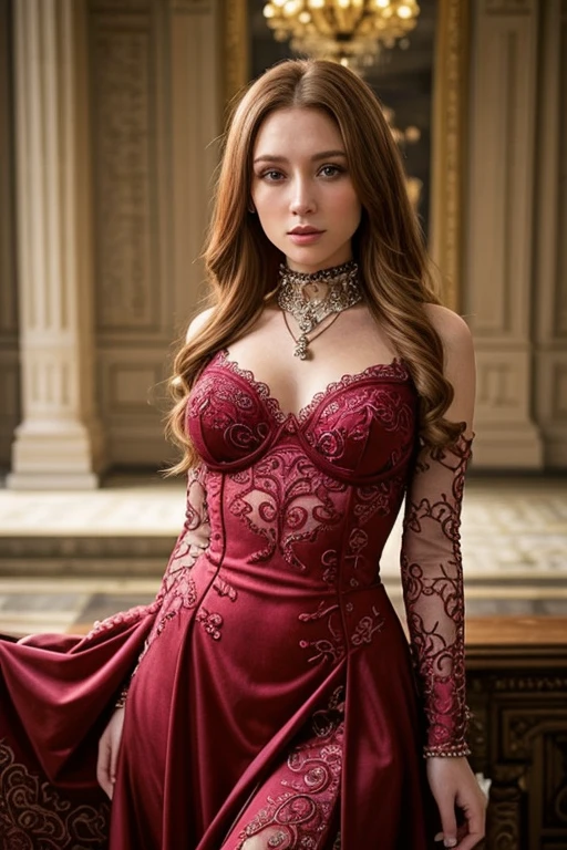 sexy, (seductivesmile:1.1), mysteriousatmosphere, (fantasy:1.4), florest scenery, (edgfd ballgown:1.5), (fantasy dress:1.1), (long dress:1.1), (ballgown with a lot of roses:1.1), hearts, flowers,, (masterpiece, high quality, best quality:1.3), extremely detailed, extremely intricate, realistic, hyperrealistic, fine texture, Extremely high-resolution details, 2 young,, (reddish hair:1.3), almond eyes, (green eyes), [long hair], [curly hair], (eye shadow:1.1), 162cm tall, oval face, snub nose, heart-shaped lips, (arched eyebrows), (skinny:1.1),  red dress, pink shiny lipgloss, big diamond earrings, big diamond collar, big breasts 
