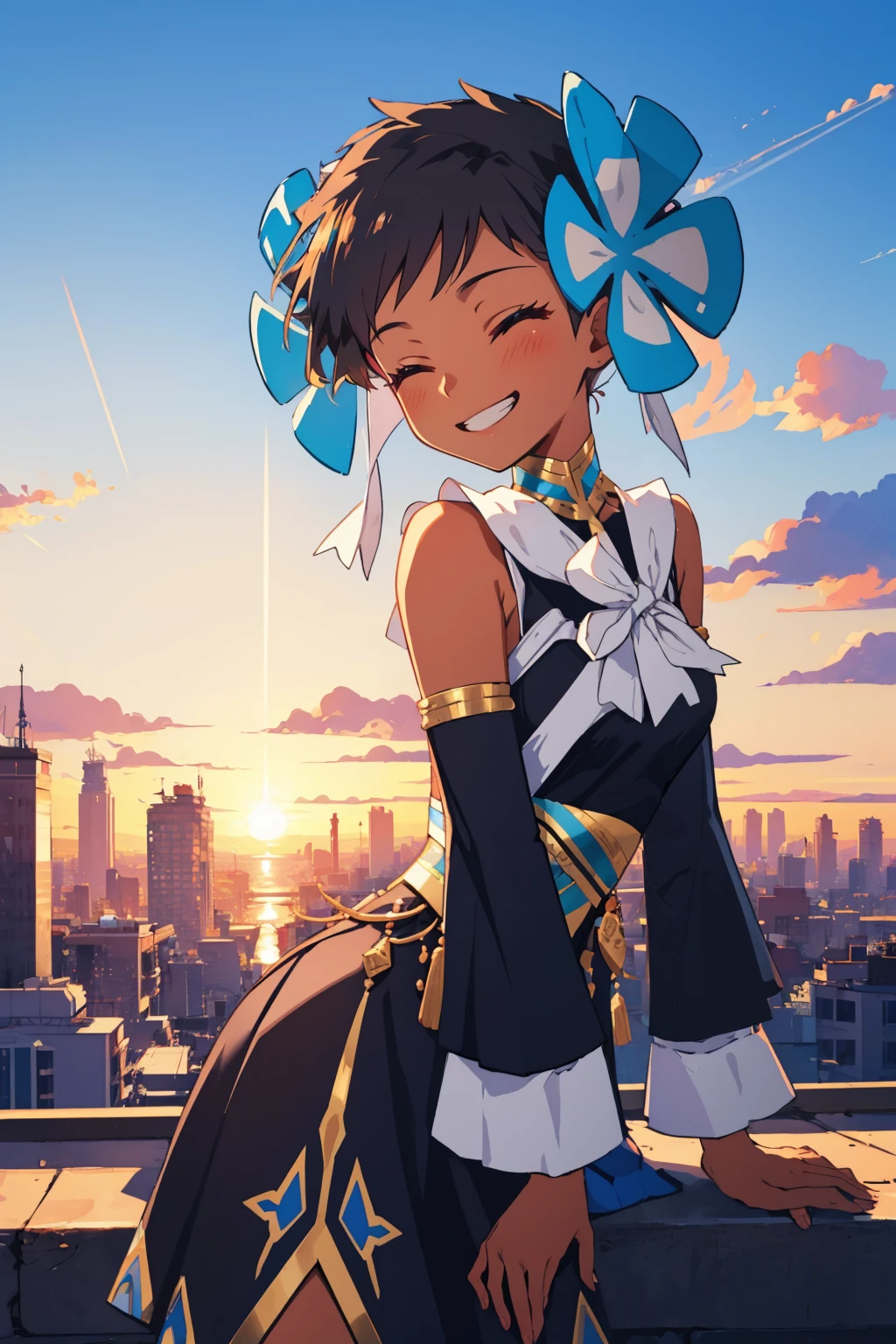masterpiece, best quality, <lora:phoebe-nvwls-v1-000009:0.9> fallPhoebe, dark skin, hairband, hair flower, blue flower, black dress, bow, detached sleeves, blue sky, sunset, cityscape, closed eyes, grin, leaning forward, looking at viewer