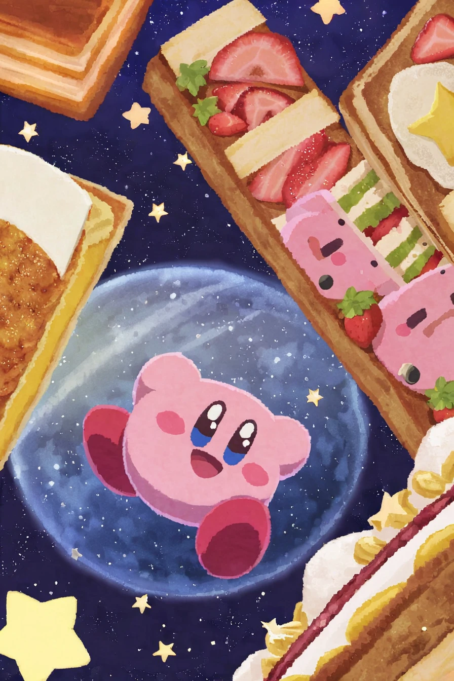 Ara love kirby style, kirby, food, open mouth, blue eyes, food focus, no humans, smile, strawberry, star (symbol), fruit, star (sky), sandwich, cake, meat, :d, solo, space, starry sky, starry background