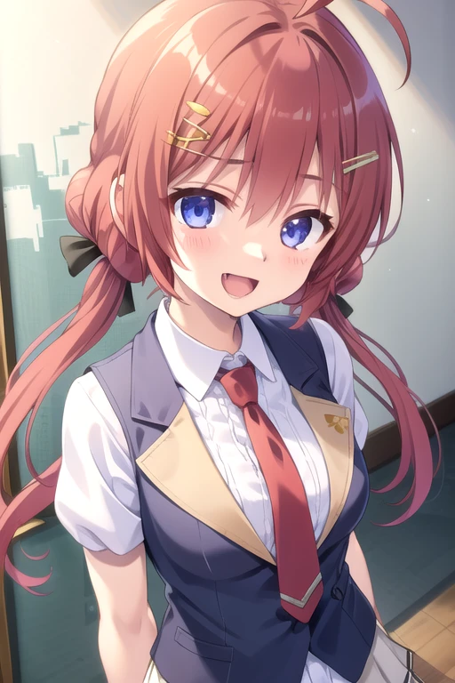 ((masterpiece)),(best quality),official art,extremely detailed CG,unity 8k wallpaper,ultra detailed,beautiful detailed eyes,extremely detailed face,1girl,solo,upper body,(portrait:1.5),looking at viewer,facing viewer,long hair,red hair,low twintails,bow,hair ribbon,hairclip,hair ornament,black ribbon,ahoge,hair between eyes,bangs,blue eyes,:d,school uniform,blue vest,collared vest,red necktie,collared shirt,white shirt,puffy short sleeves,medium breasts,miniskirt,white skirt,pleated skirt,frills,white socks,loafers,<lora:Tenma Hasumi(rk)>,
